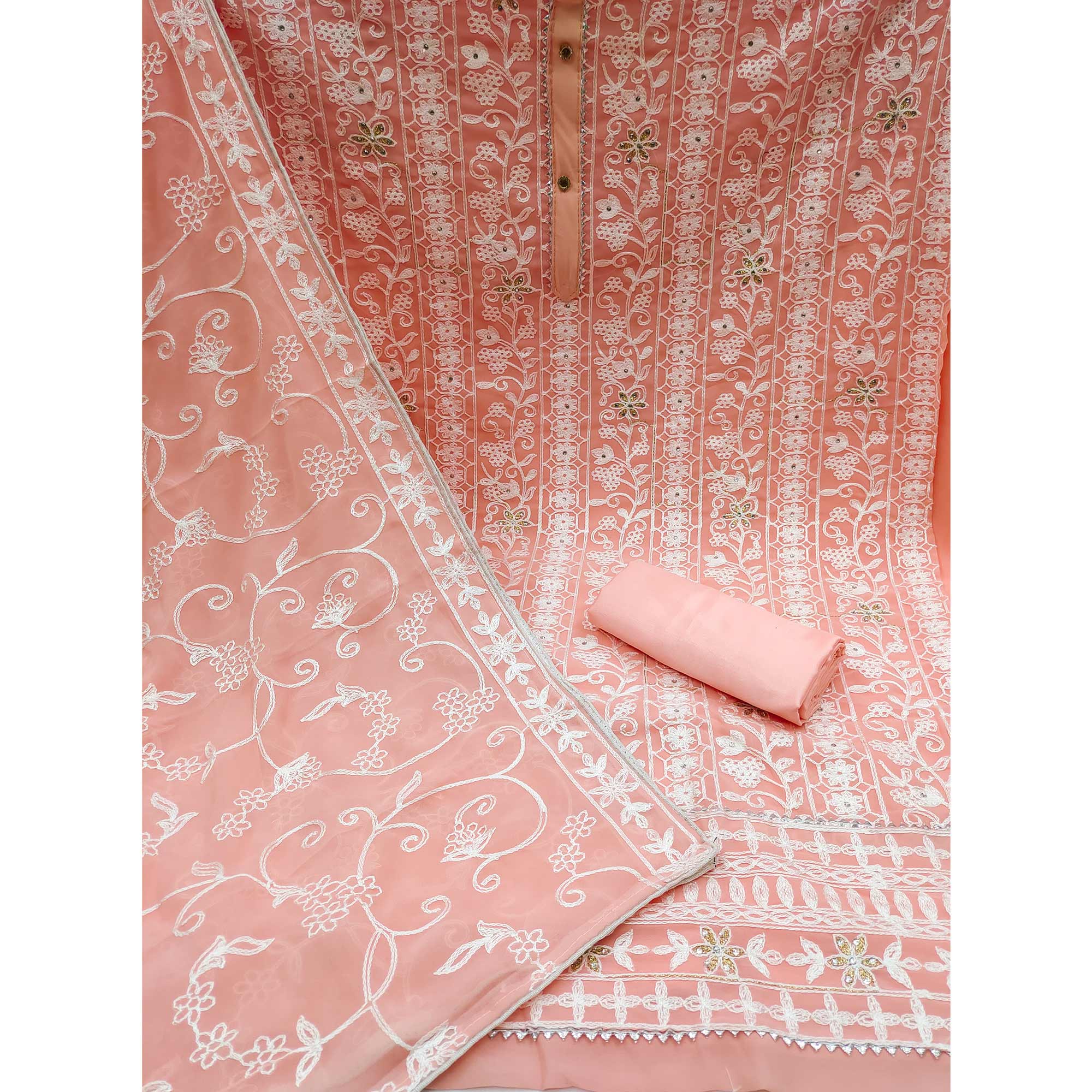 Peach Lucknowi Embroidered Georgette Dress Material