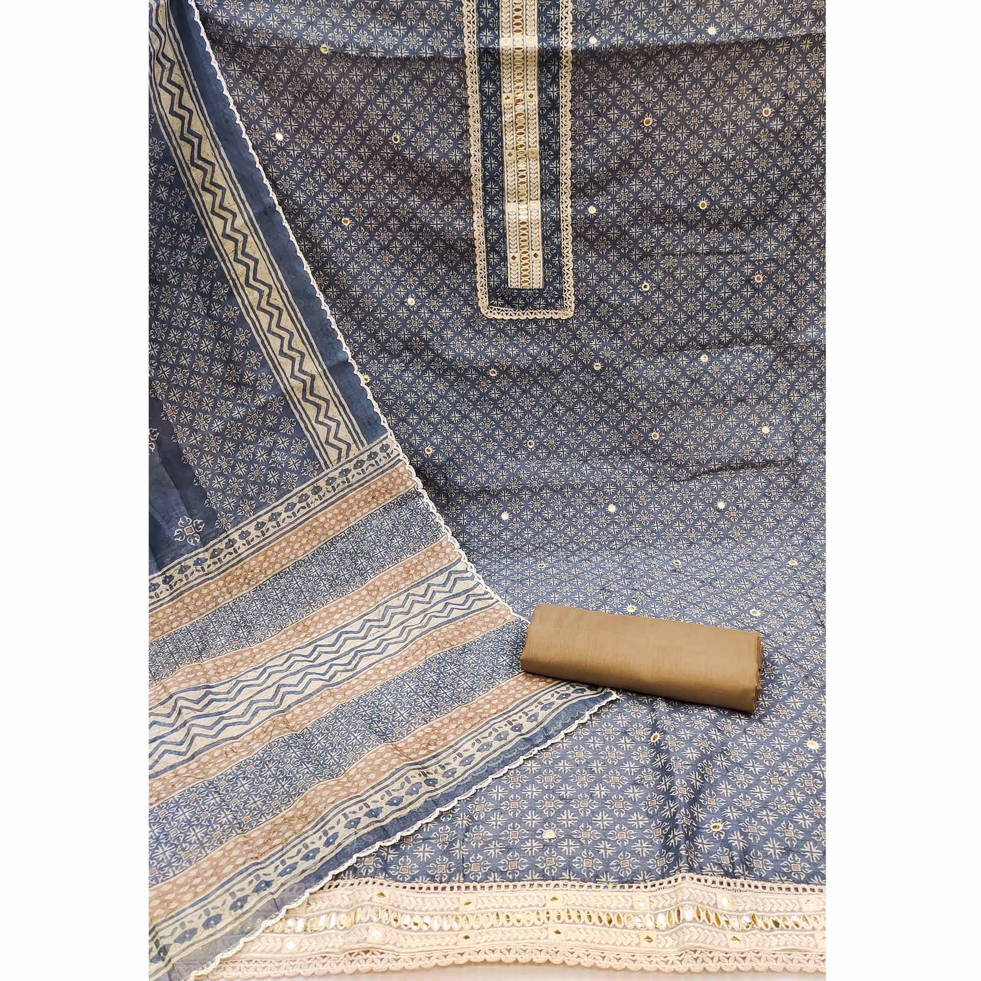 Blue Digital Printed With Embroidered Chanderi Dress Material