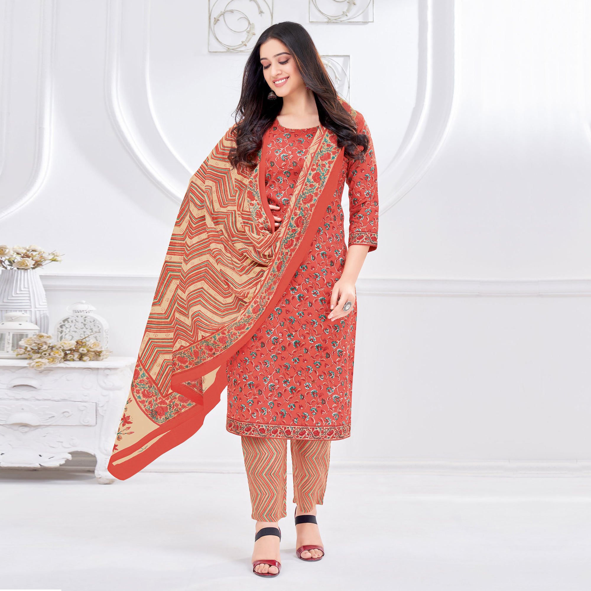 Orange Printed Pure Cotton Suit