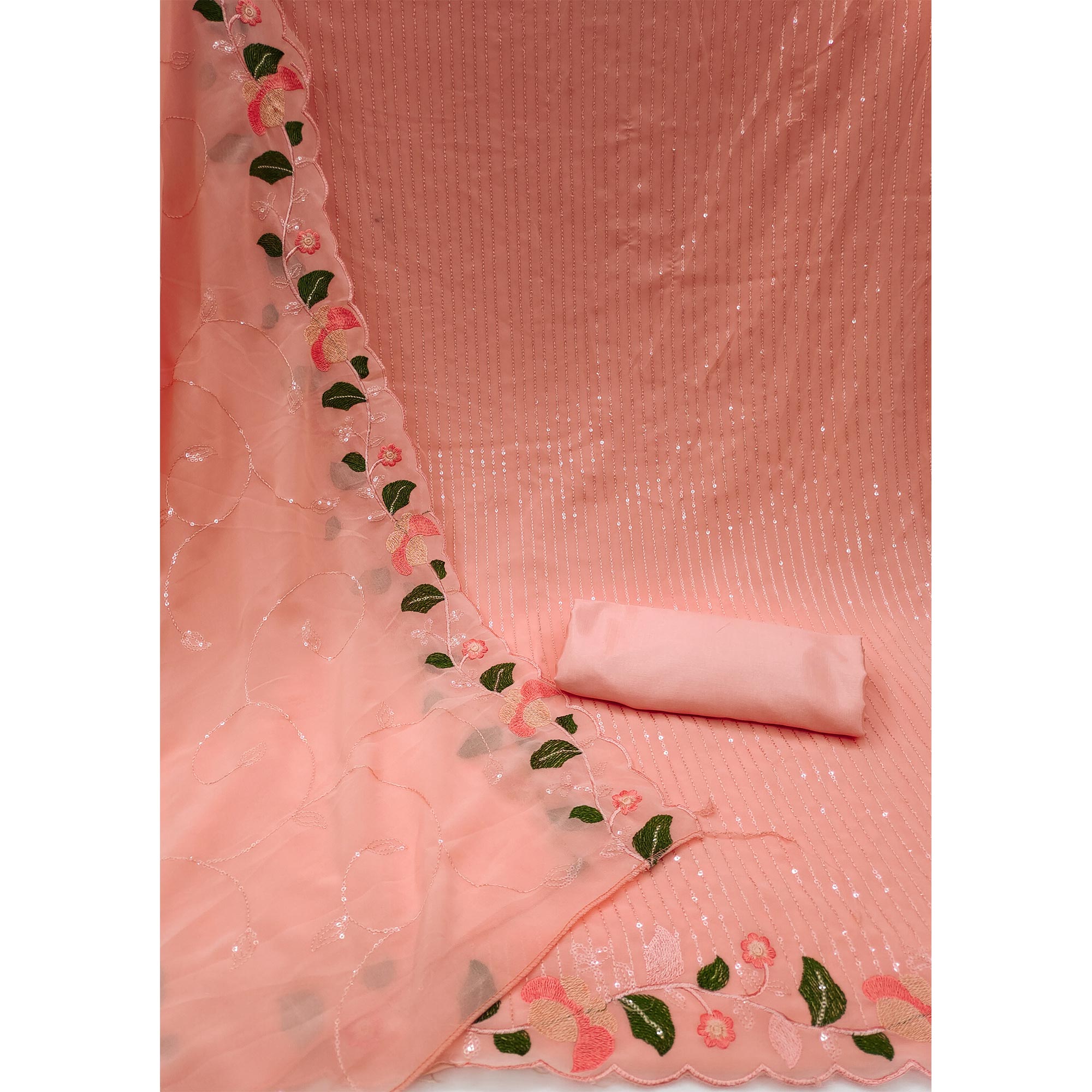 Peach Sequins Embroidered Georgette Dress Material