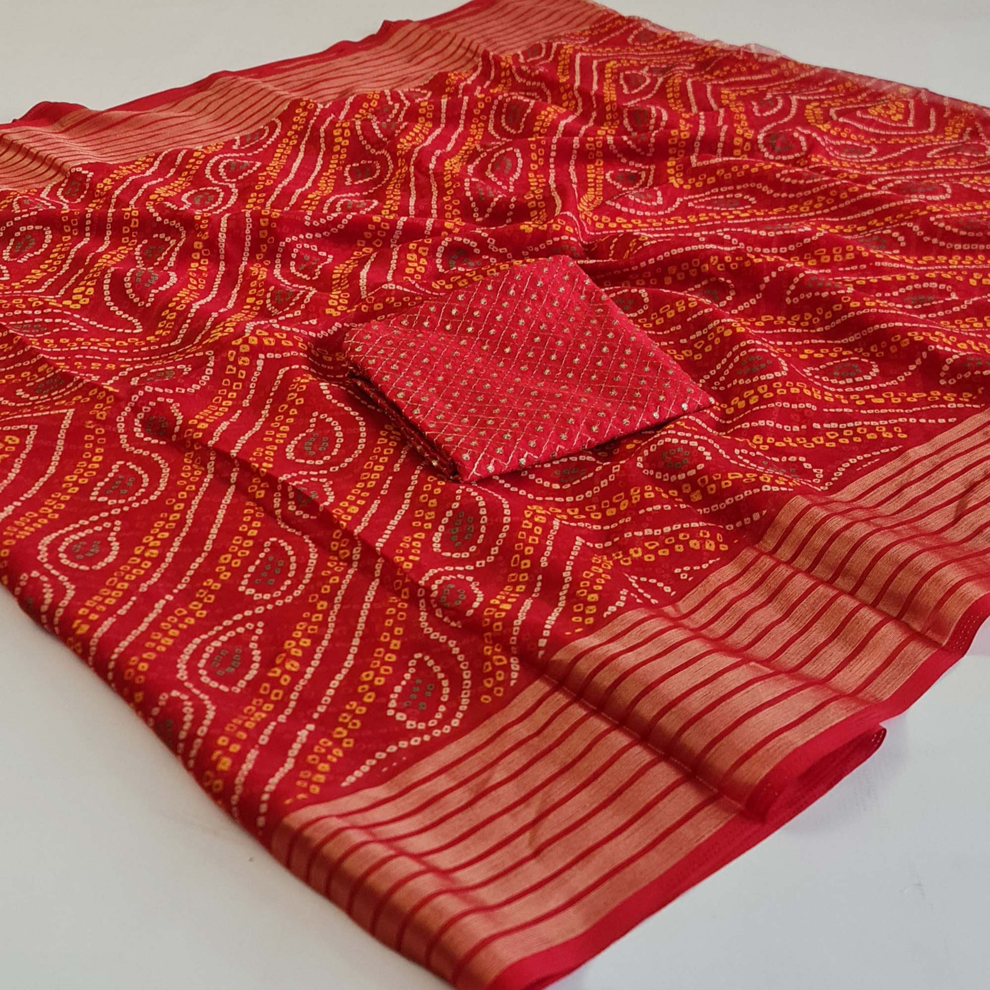 Red Bandhani Printed Chiffon Saree