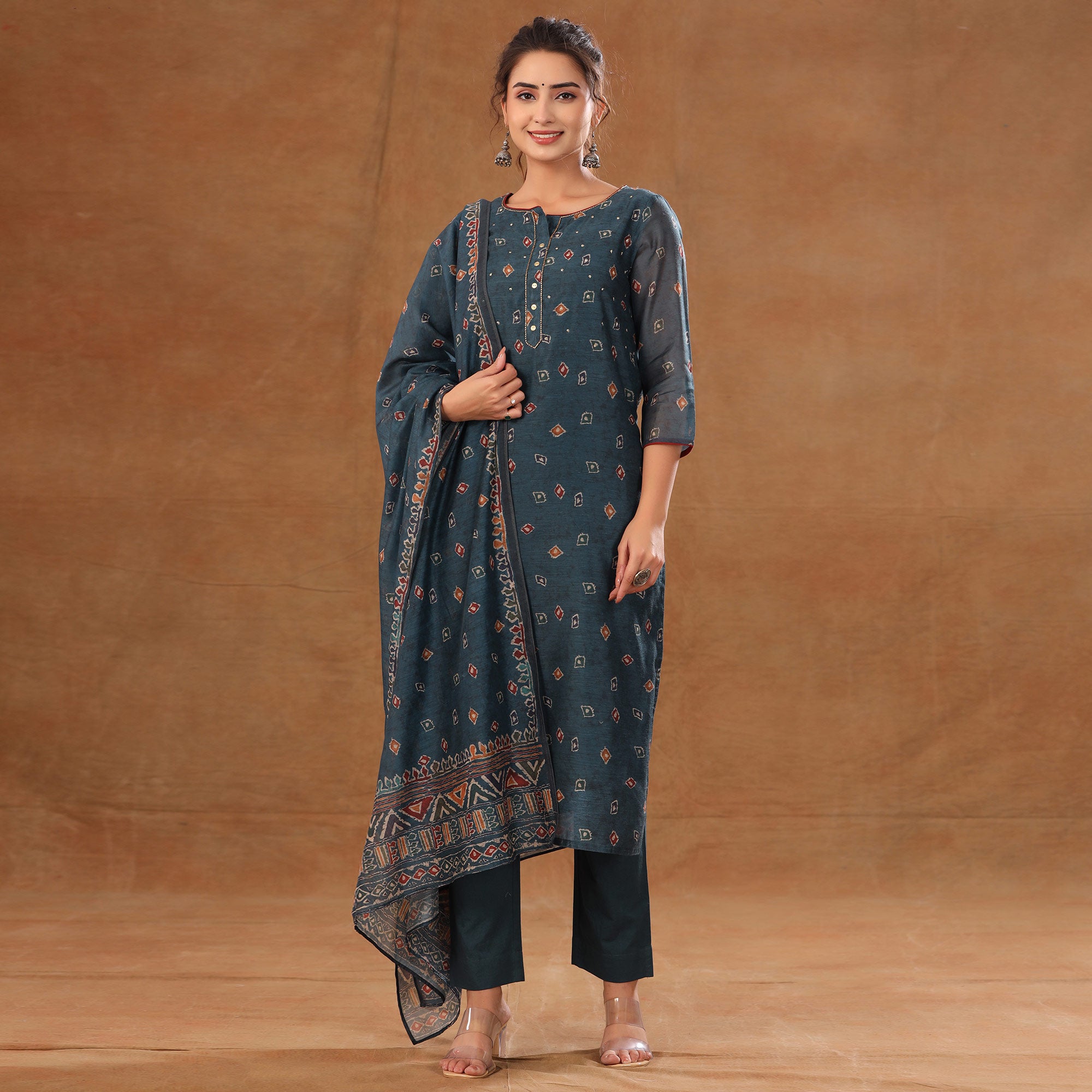 Blue Printed Chanderi Salwar Suit