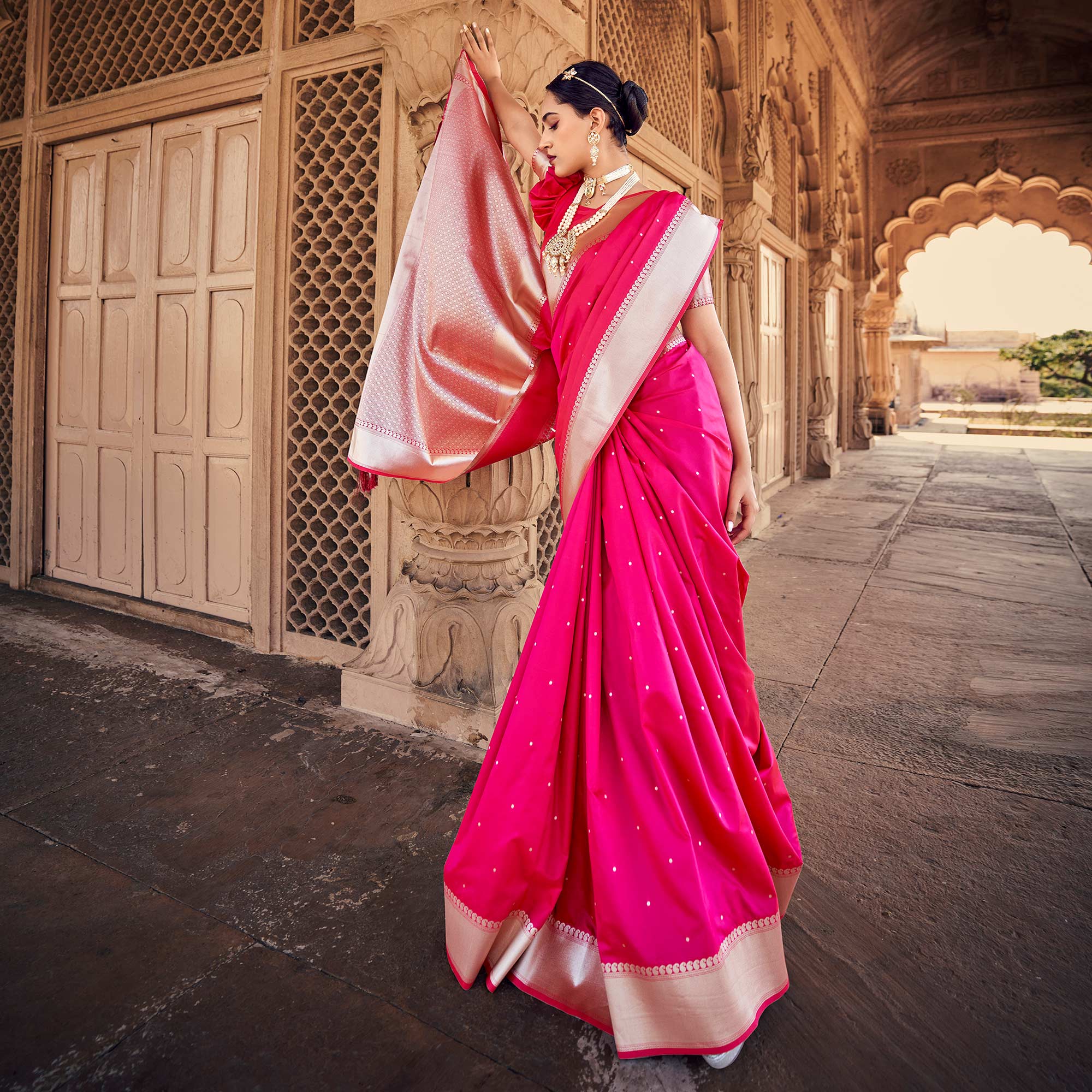 Pink Woven Satin Saree