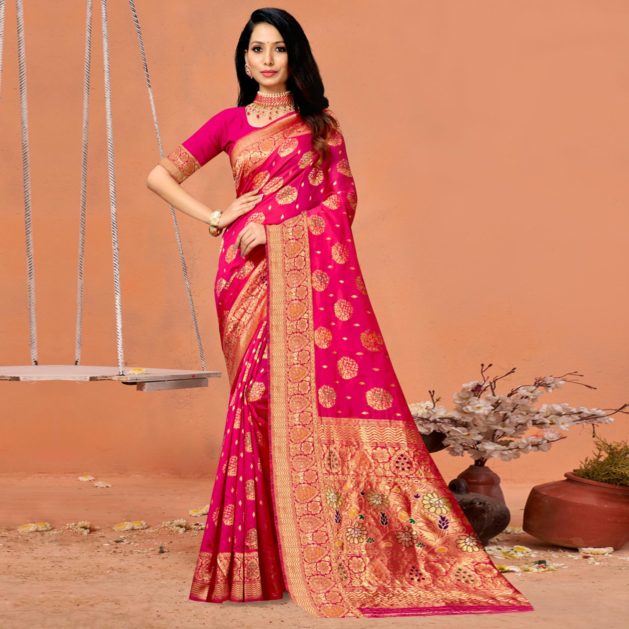 Rani Pink Floral Woven Art Silk Saree