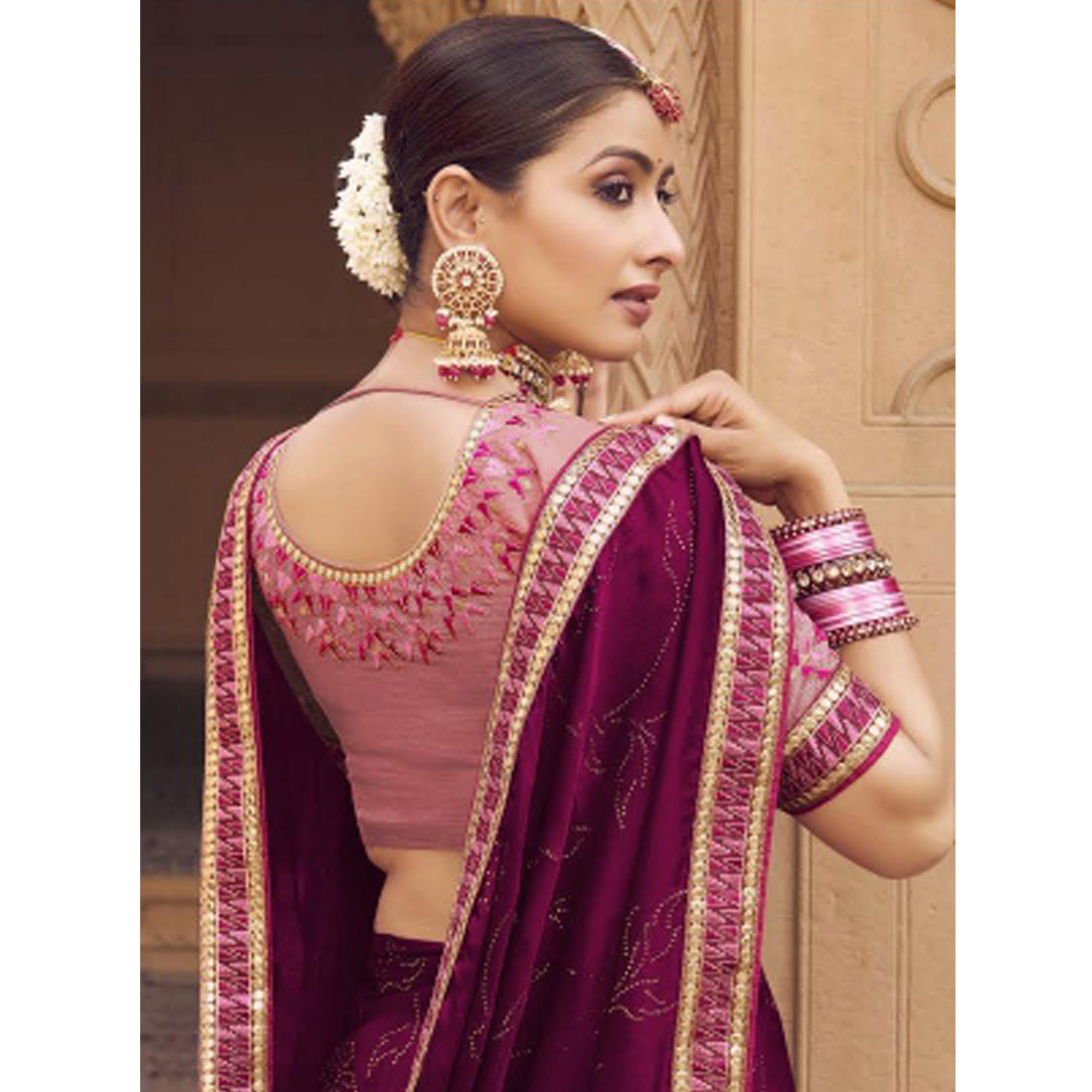 Purple Embellished With Embroidered Border Satin Saree