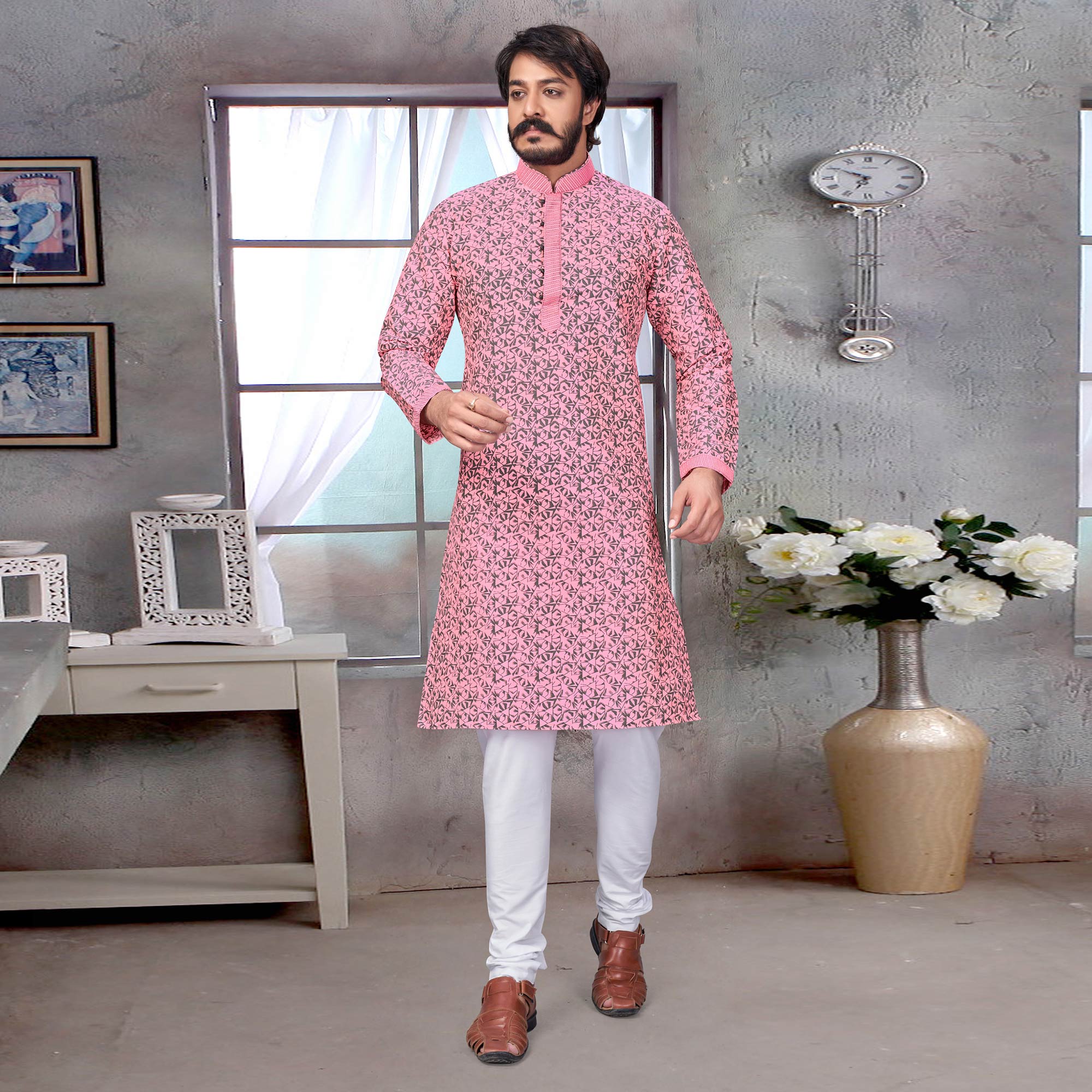 Pink Printed Jacquard Kurta Pyjama Set