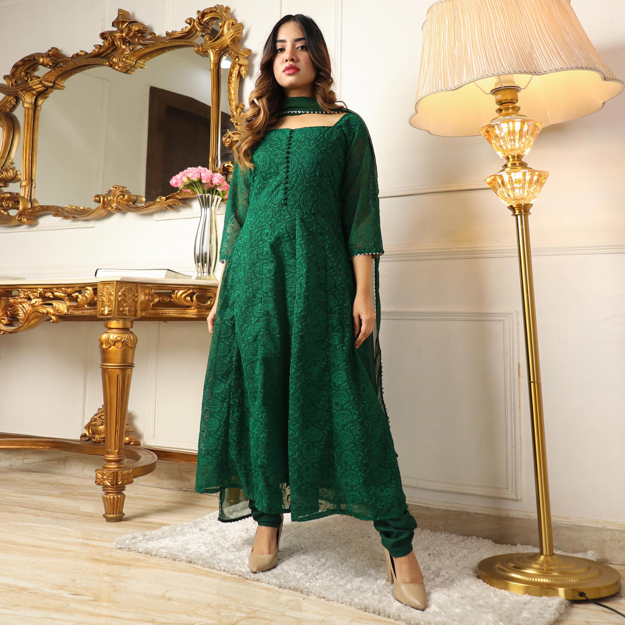 Green Chikankari Work Georgette Anarkali Suit