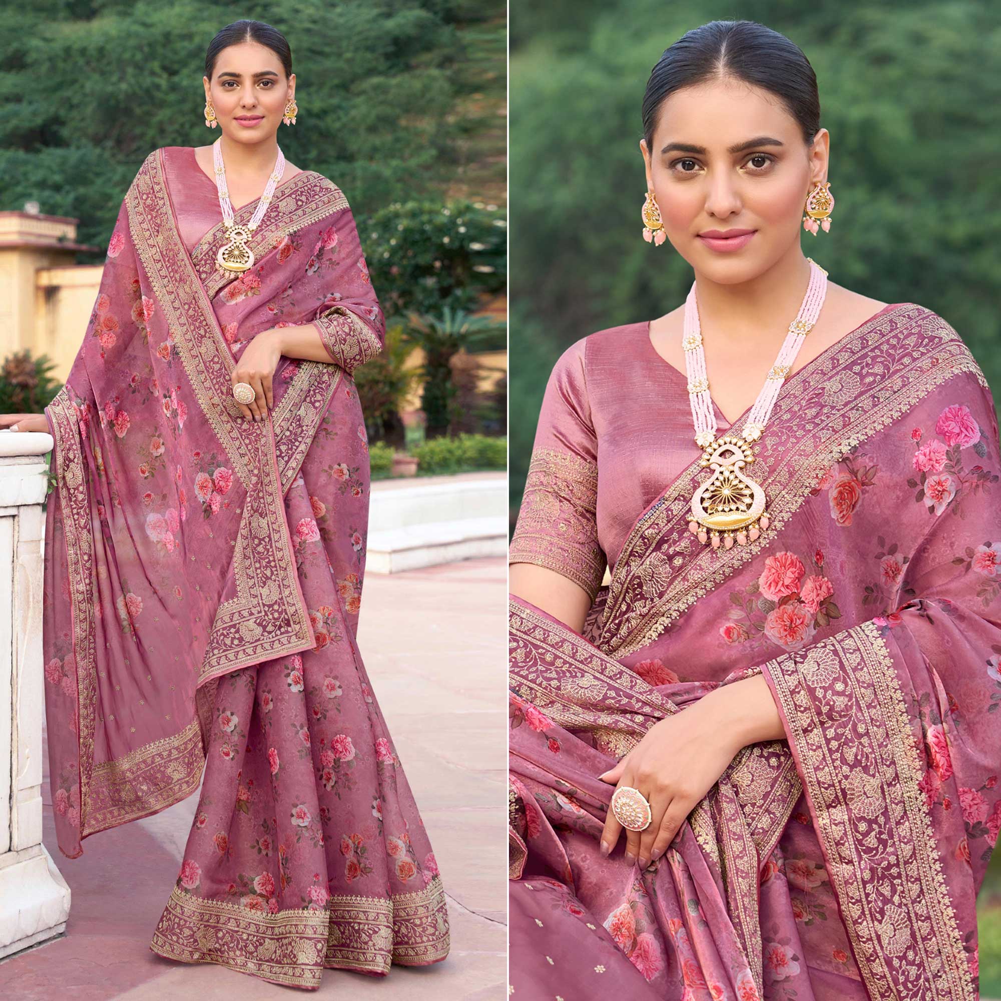 Pink Floral Printed With Embroidered Organza Saree