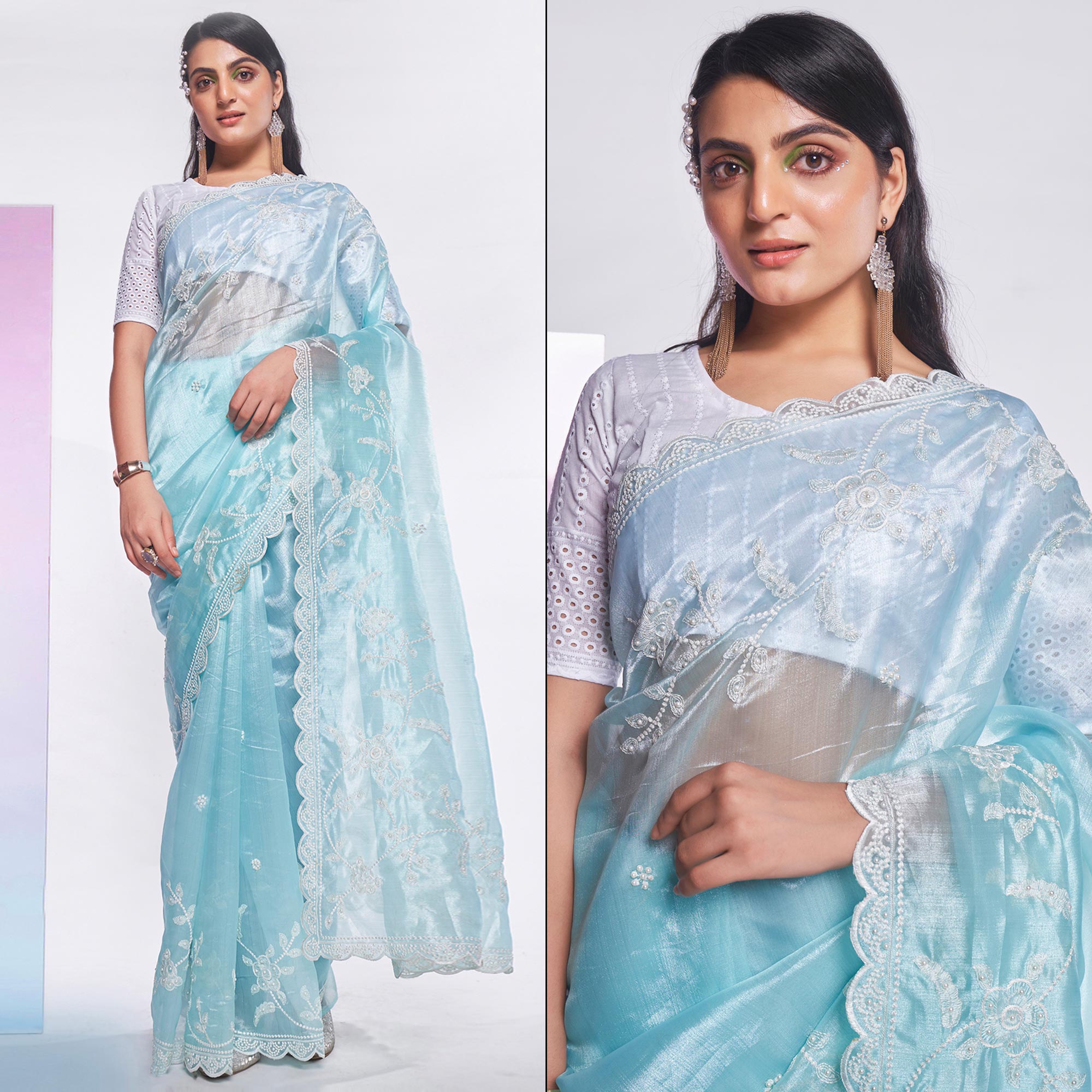Blue Floral Embroidered Organza Saree