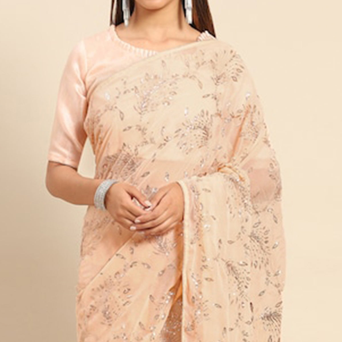 Peach Floral Sequins Embroidered Georgette Saree