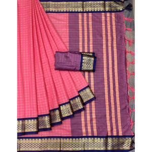 Gajari Pink Checks With Woven Border Cotton Silk Saree