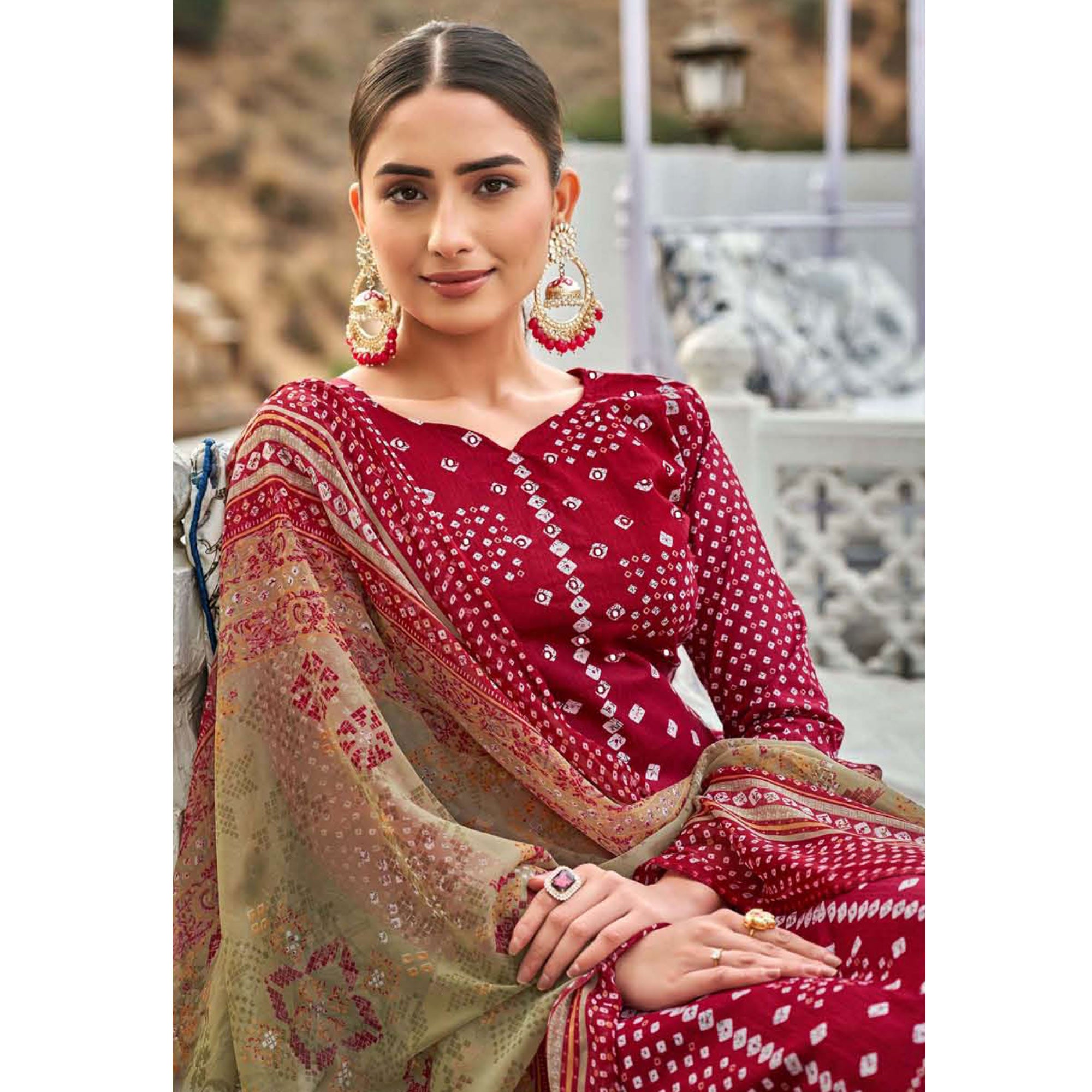 Red Bandhani Printed Pure Cotton Salwar Suit