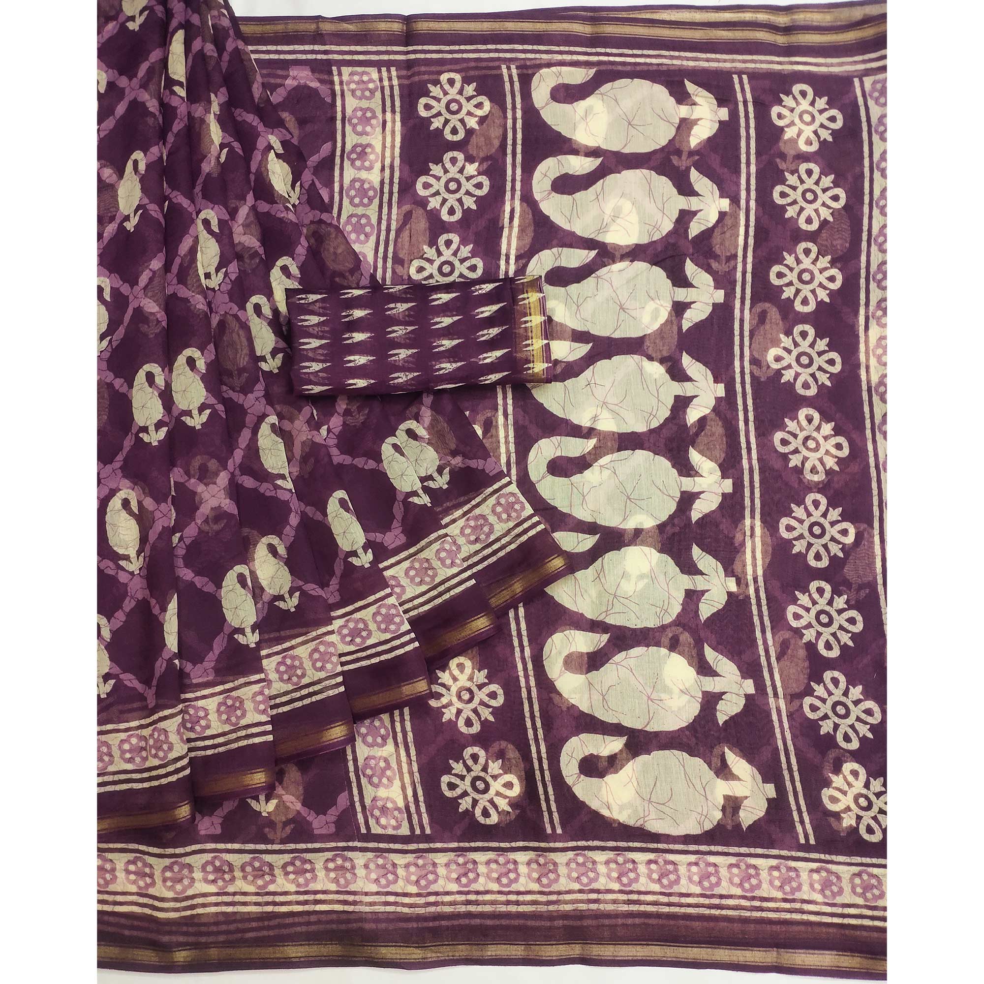 Purple Printed Cotton Blend Saree