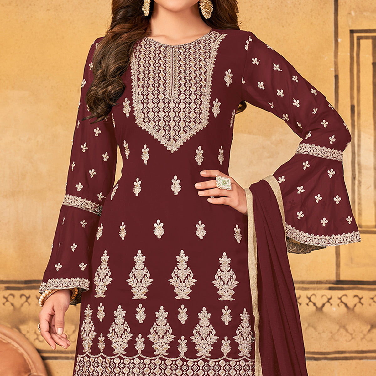 Maroon Floral Embroidered Georgette Palazzo Suit