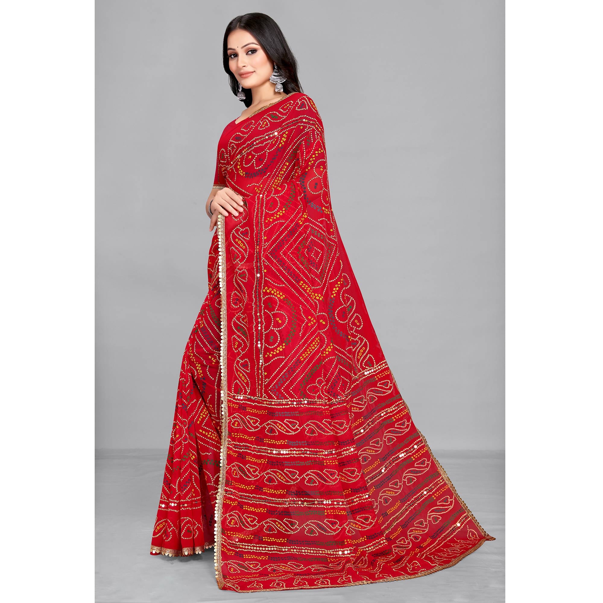 Red Bandhani Printed With Sequins Work Georgette Saree