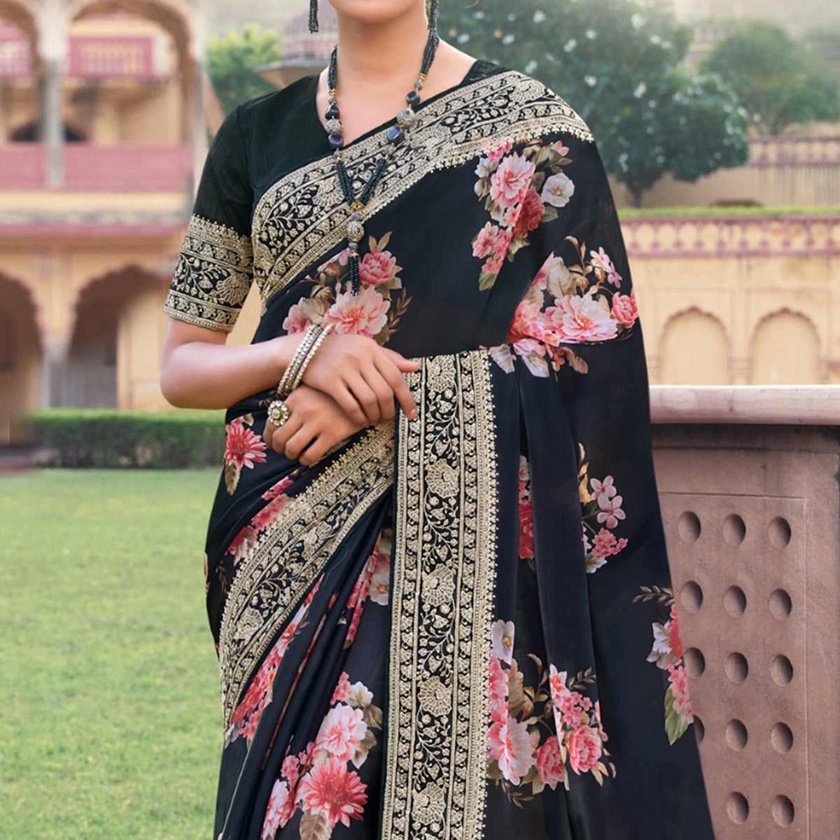 Black Floral Printed With Embroidered Organza Saree