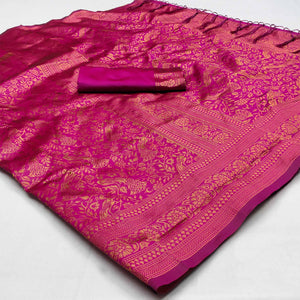 Pink Woven Art Silk Saree With Tassels