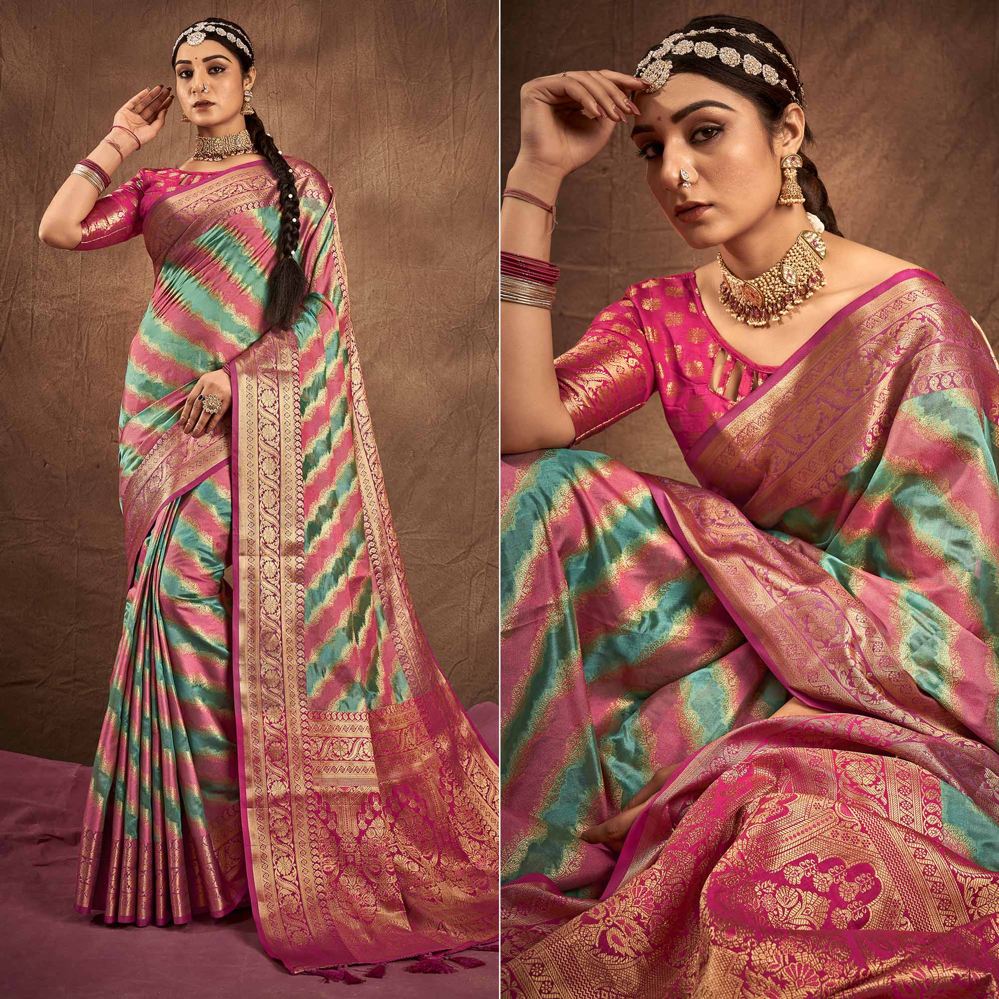 Green & Pink Woven Art Silk Saree