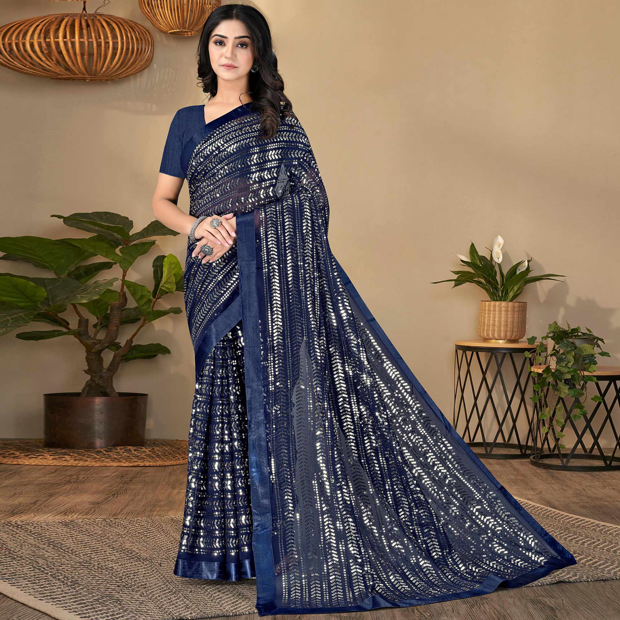 Navy Blue Sequins Embroidered Georgette Saree