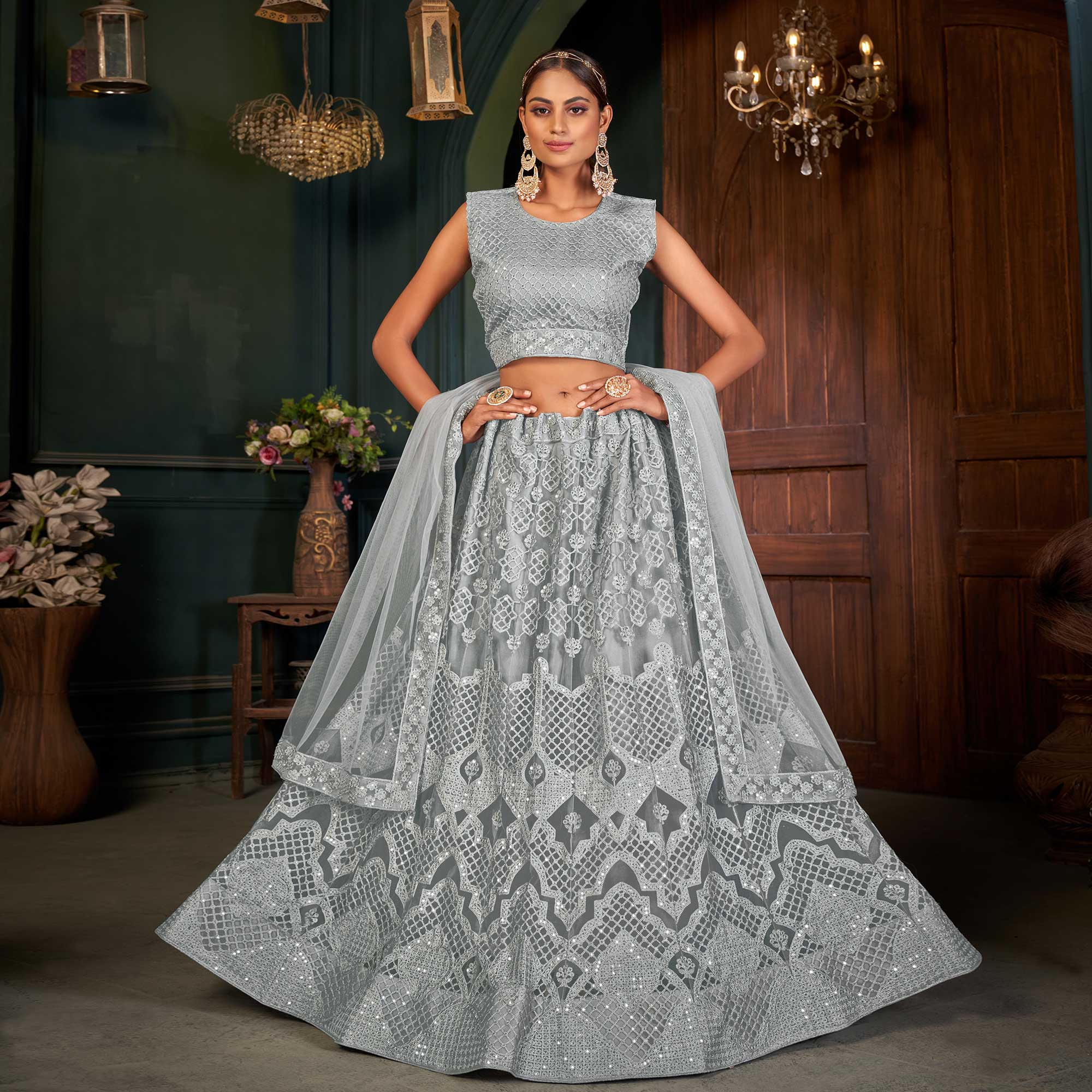 Grey Sequins Embroidered Netted Lehenga Choli