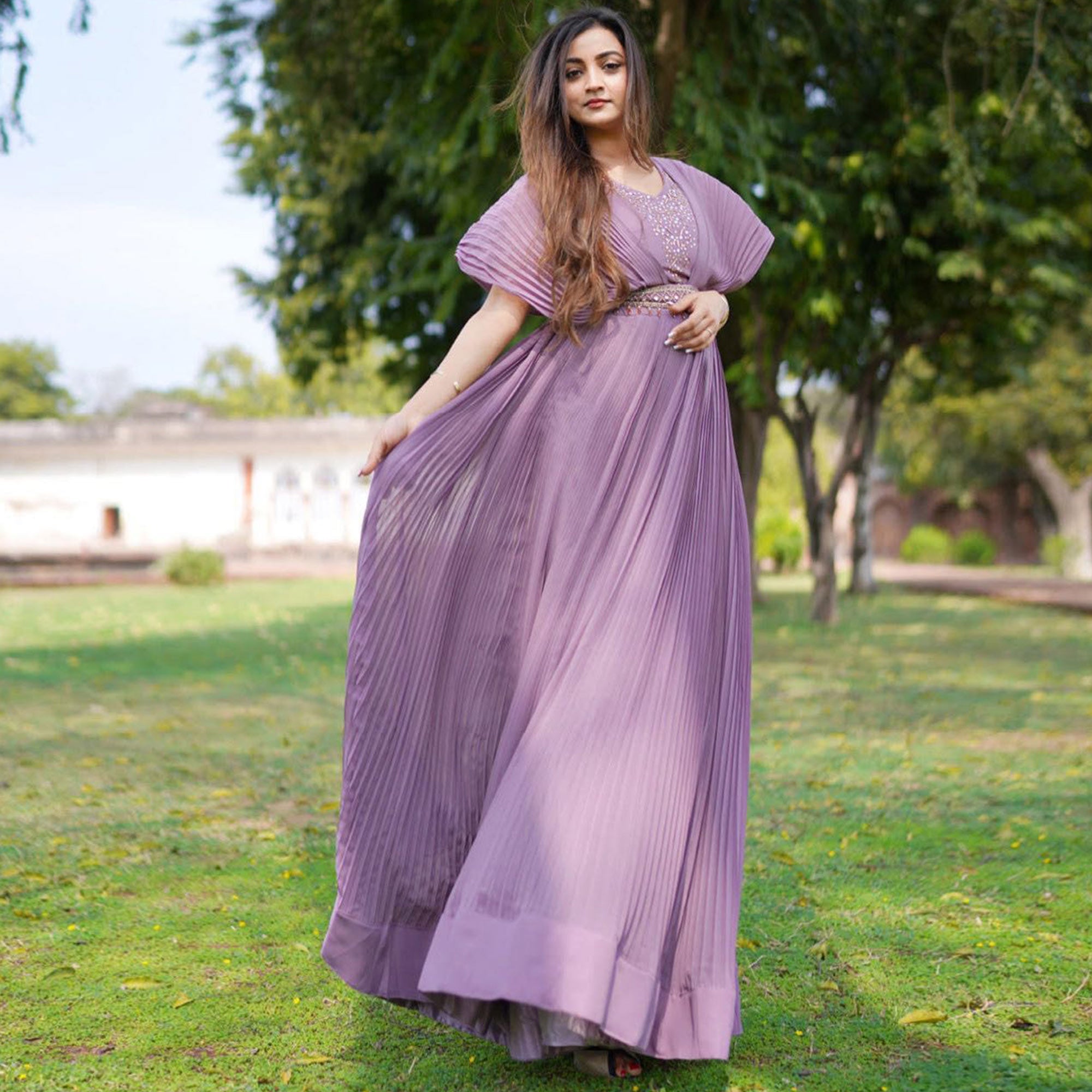 Light Purple Embellished Georgette Gown With Belt