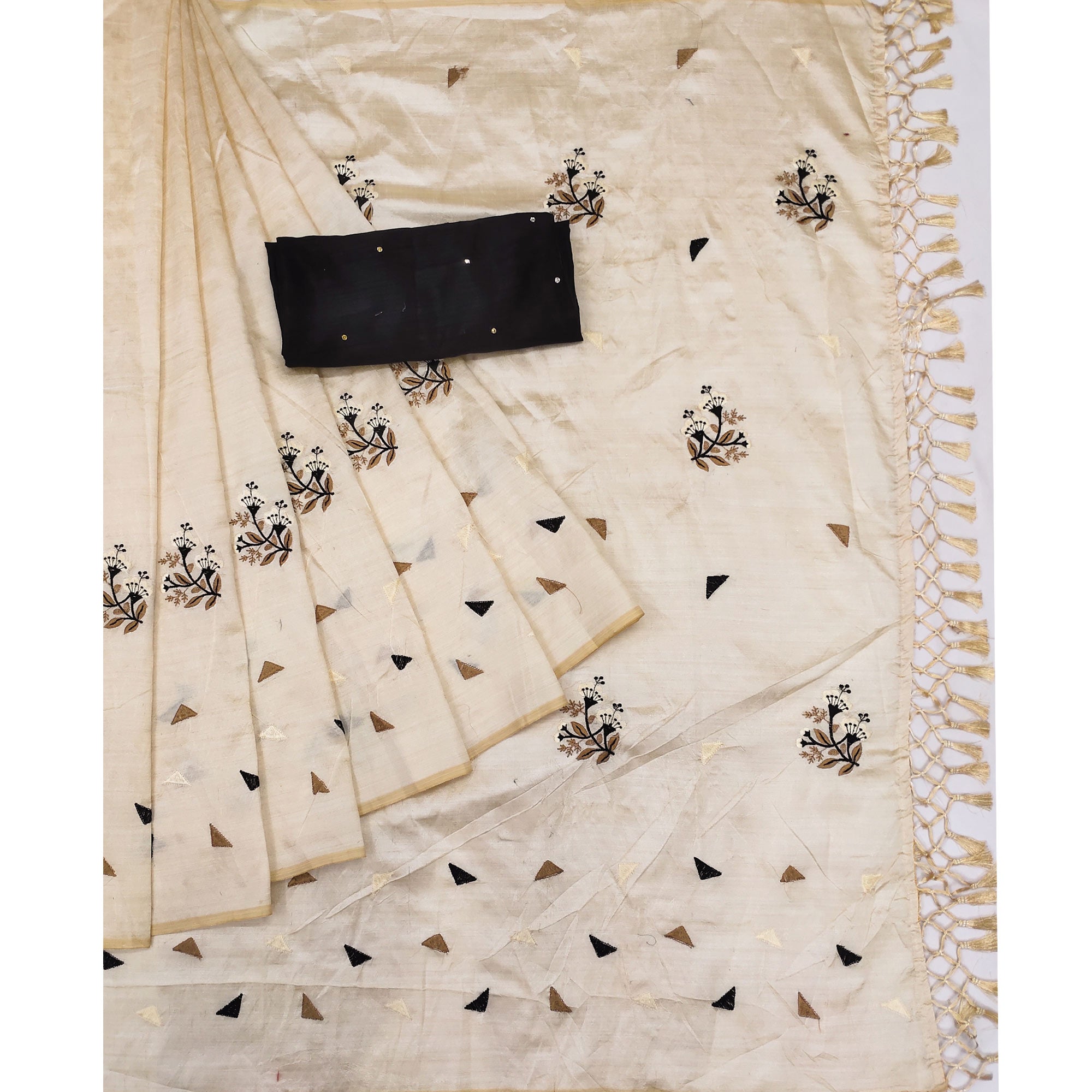 Cream Floral Embroidered Assam Silk Saree