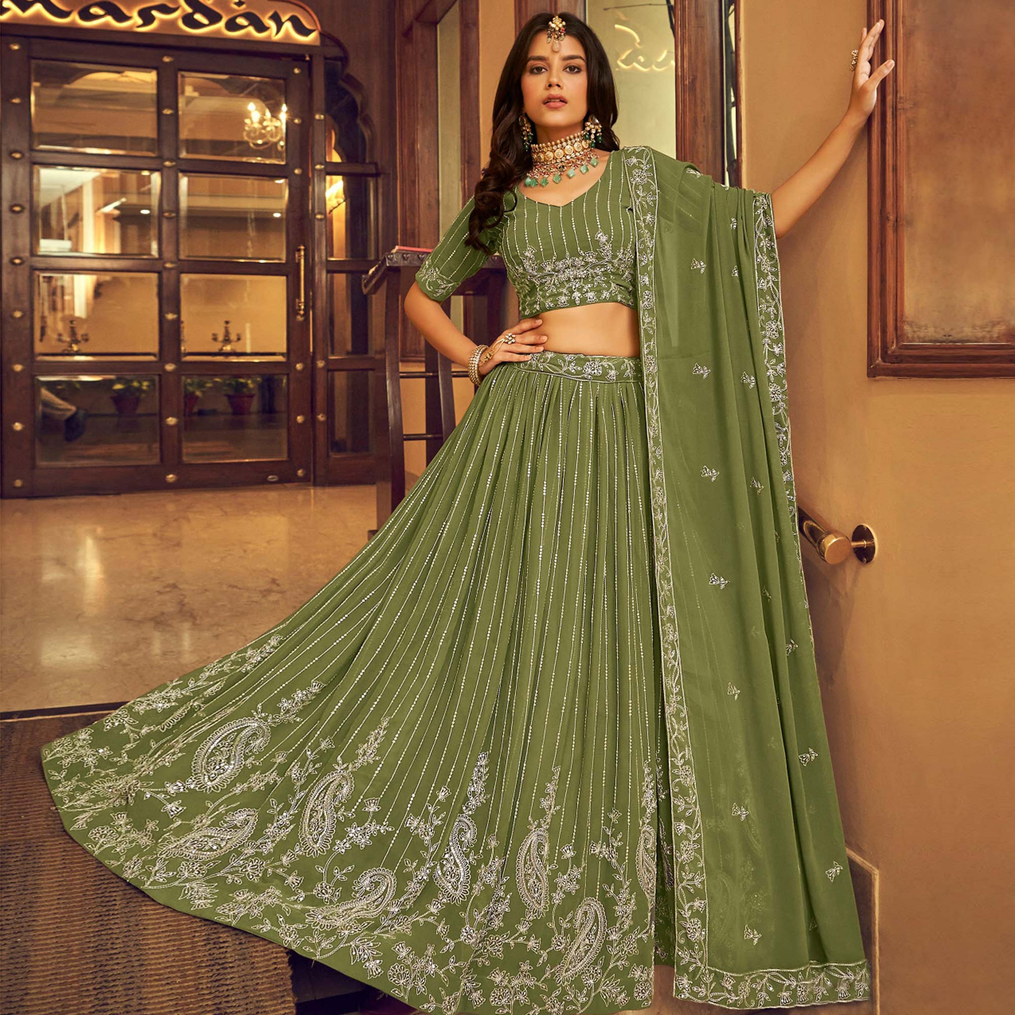 Mehendi Green Sequins Embroidered Georgette Lehenga Choli