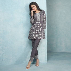 Grey Floral Embroidered Rayon Kurti Co Ord Set