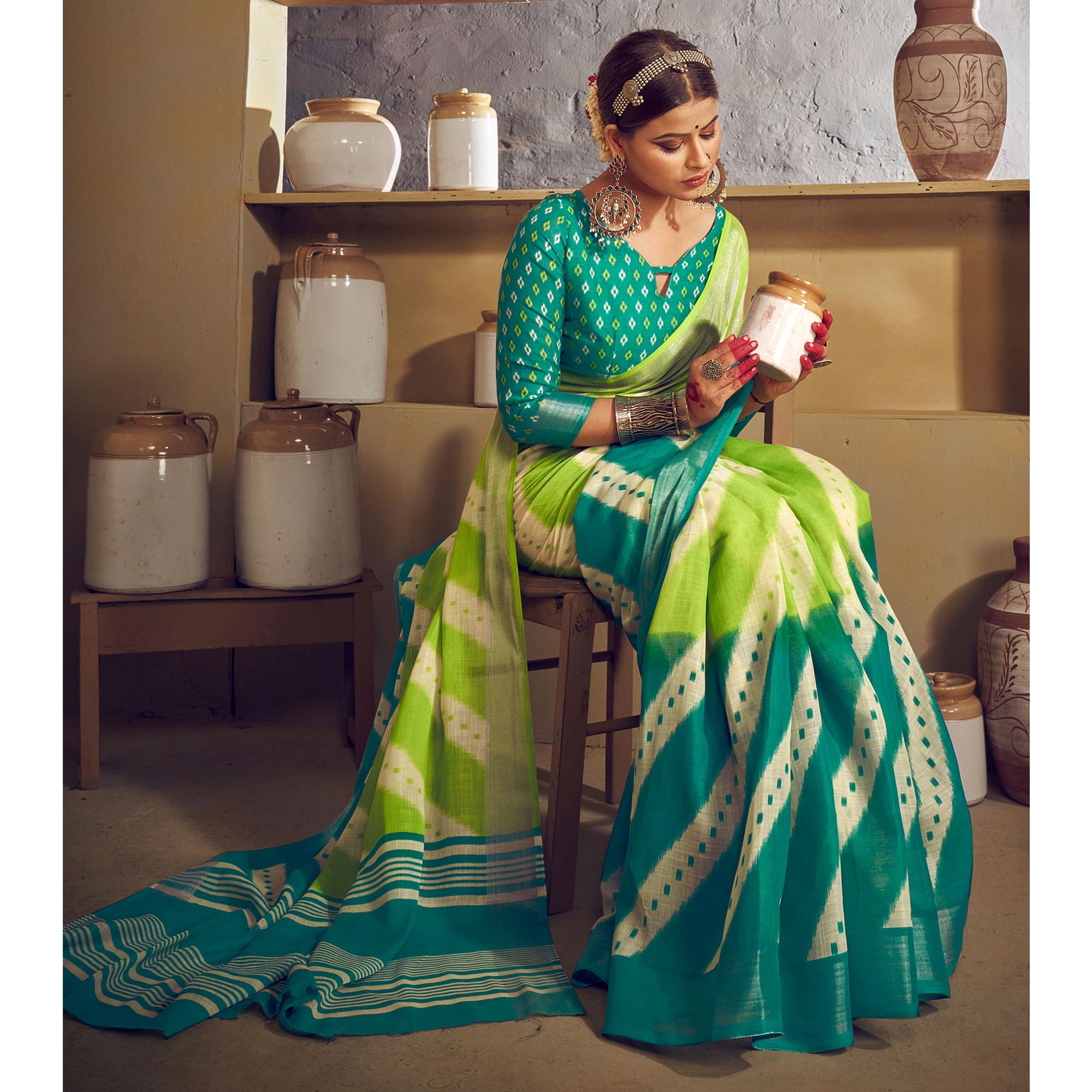Green & Blue Printed With Zari Border Linen Saree