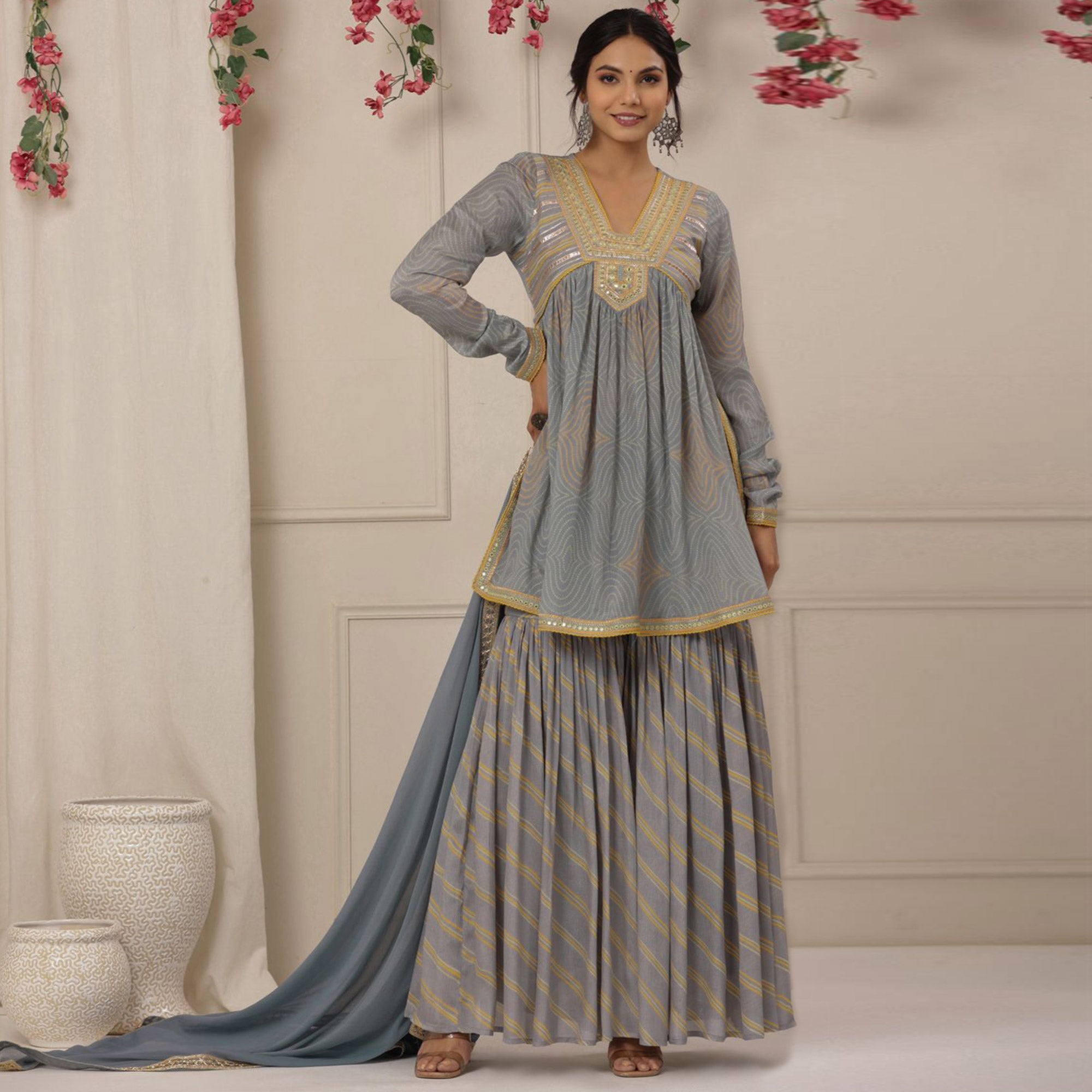 Grey Printed With Embroidered Chiffon Sharara Suit
