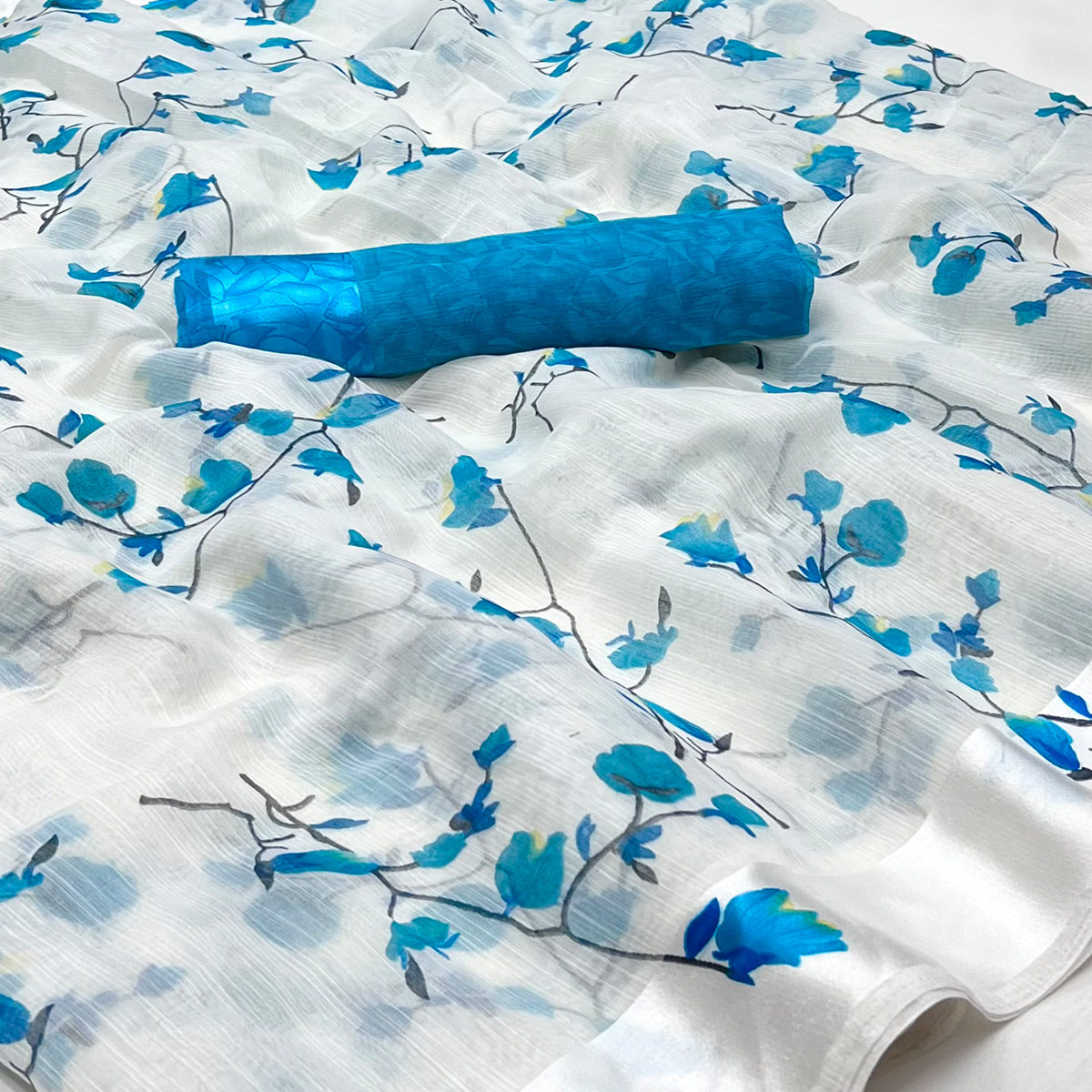 White Blue Floral Printed Linen Saree