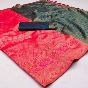 Pink Woven Jacquard Saree With Tassels