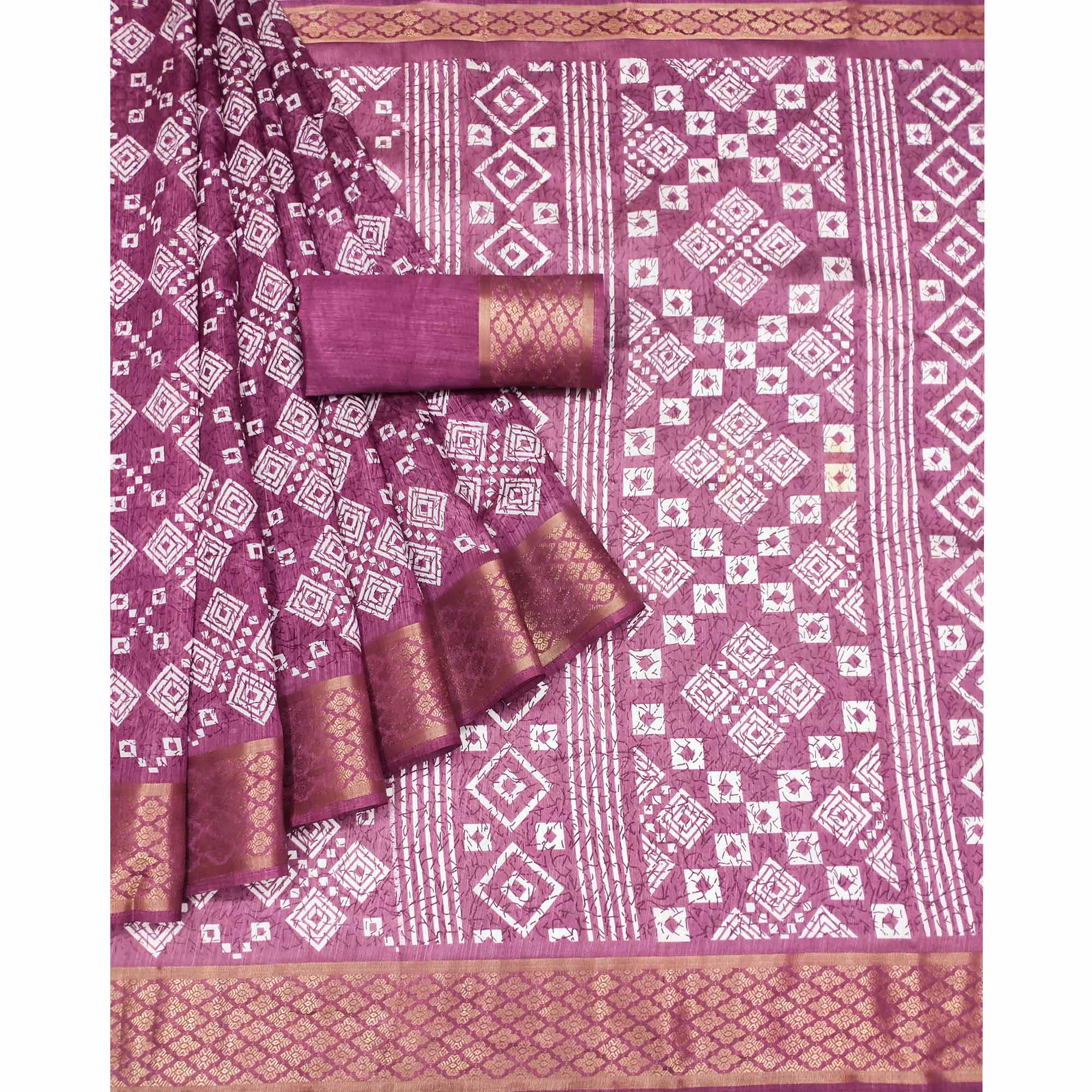 Mauve Printed Cotton Silk Saree