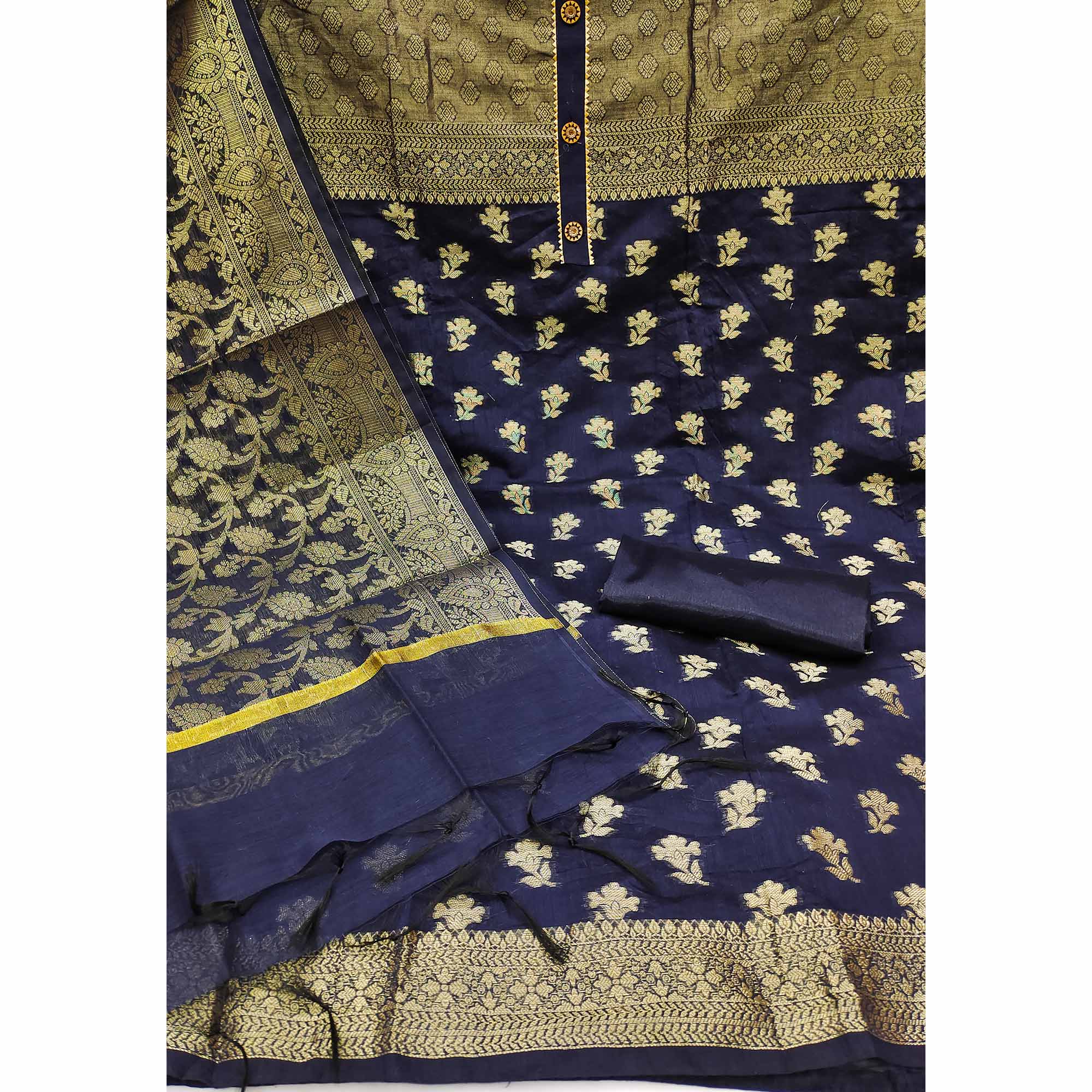 Navy Blue Floral Woven Banarasi Silk Dress Material