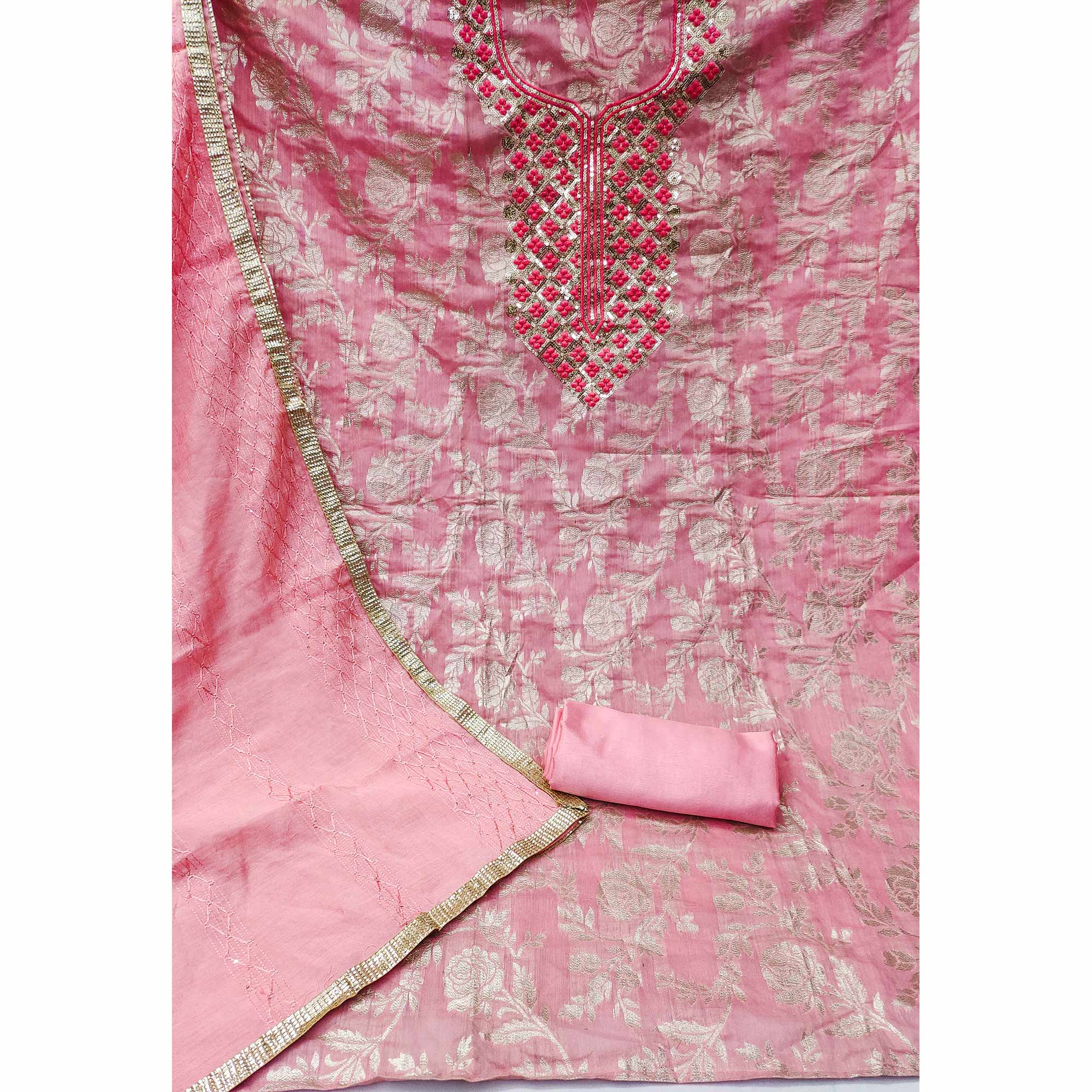 Pink Woven With Sequins Work Modal Dress Material