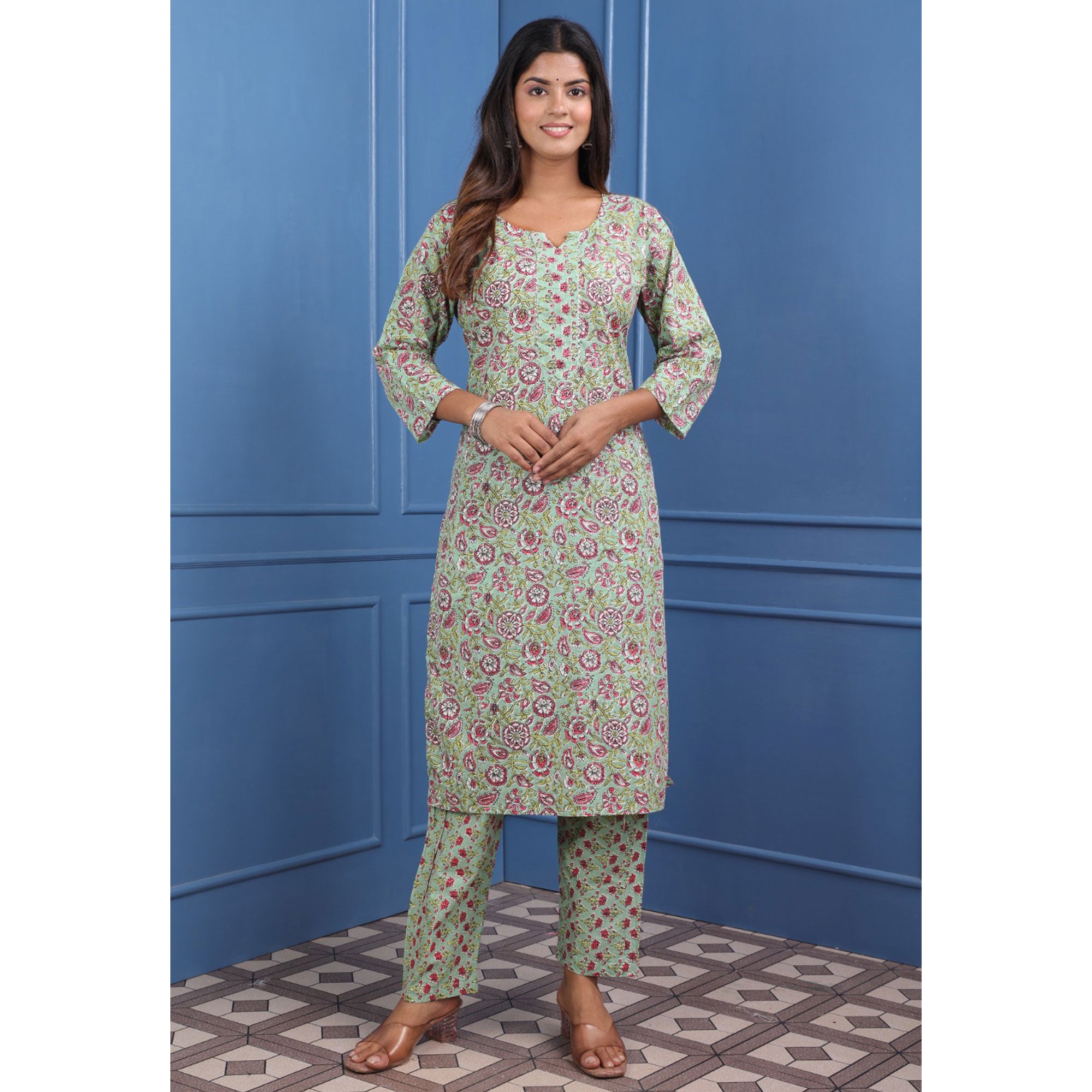 Sea Green Floral Printed Pure Cotton Suit