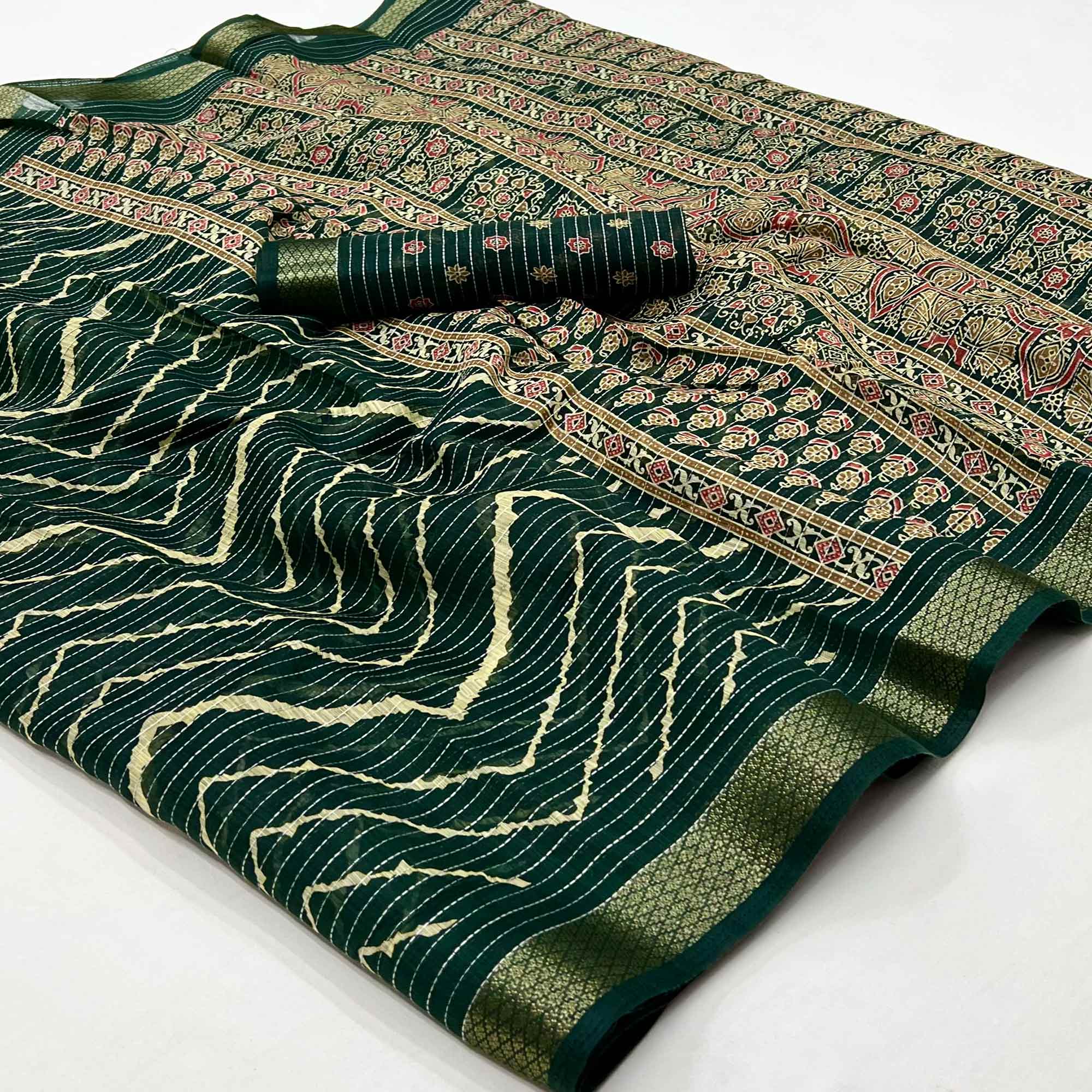 Dark Green Embroidered Cotton Silk Saree