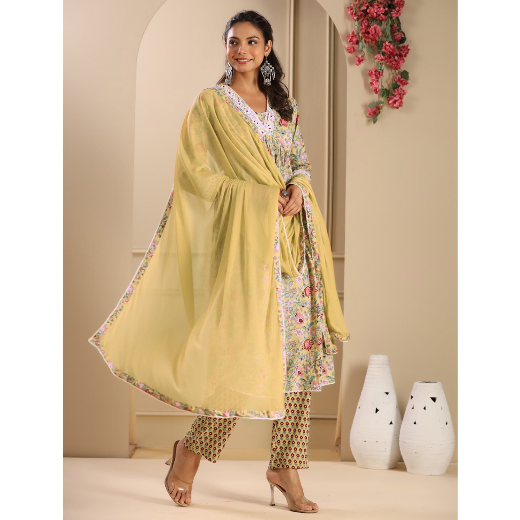 Mustard Floral Printed Pure Cotton Naira Cut Suit