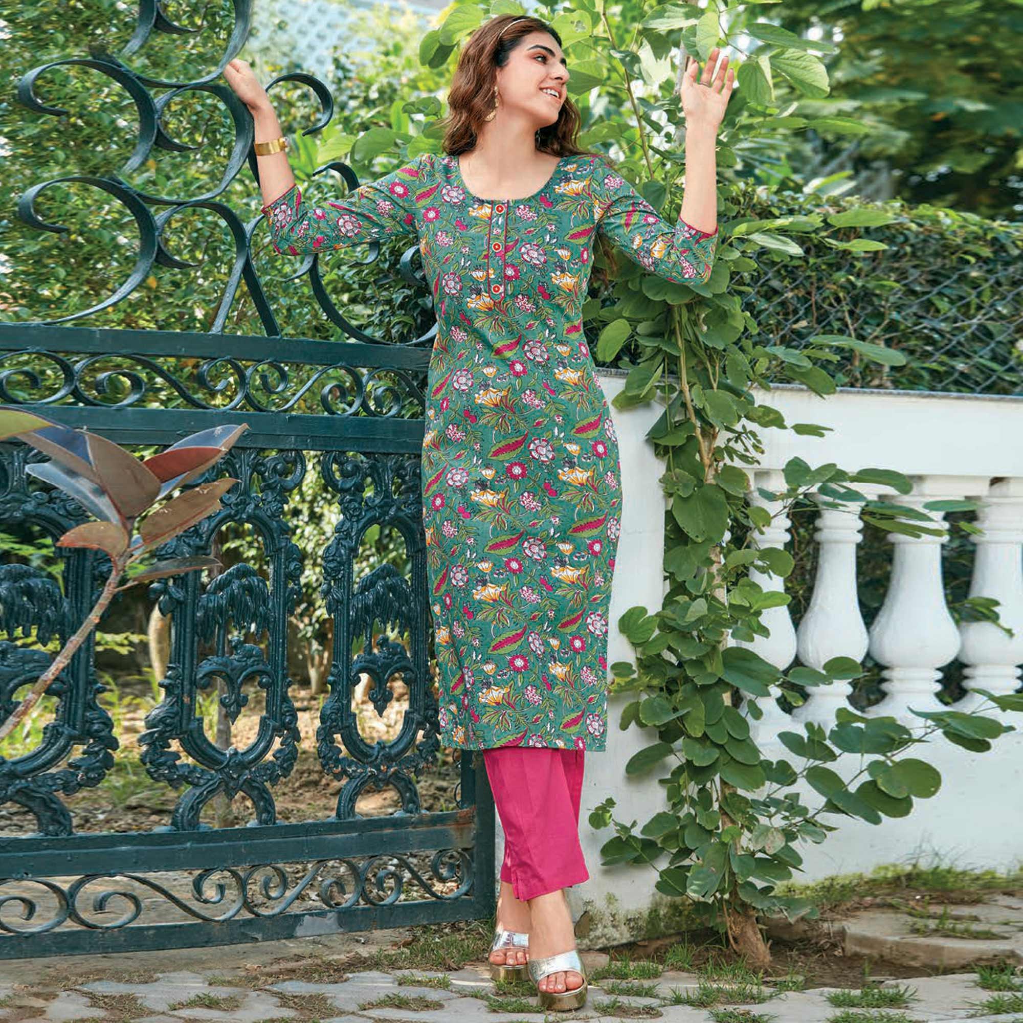 Sea Green Floral Printed Cotton Blend Kurti