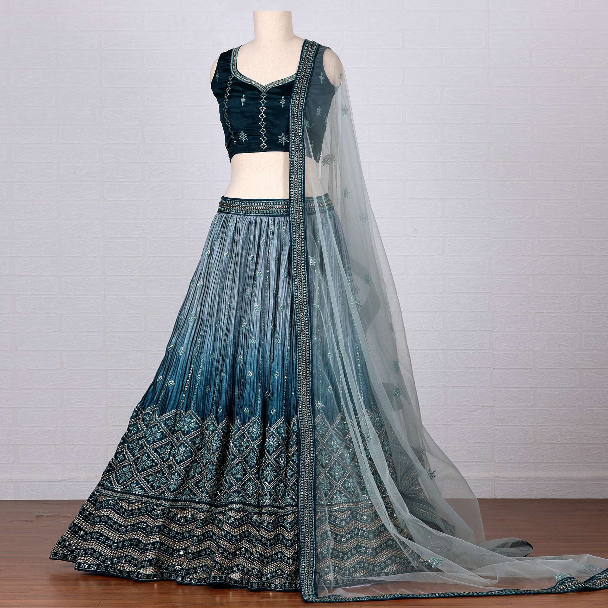 Blue Sequins Embroidered Satin Lehenga Choli