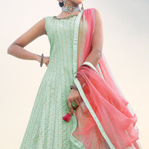 Light Sea Green Sequins Embroidered Raw Silk Gown