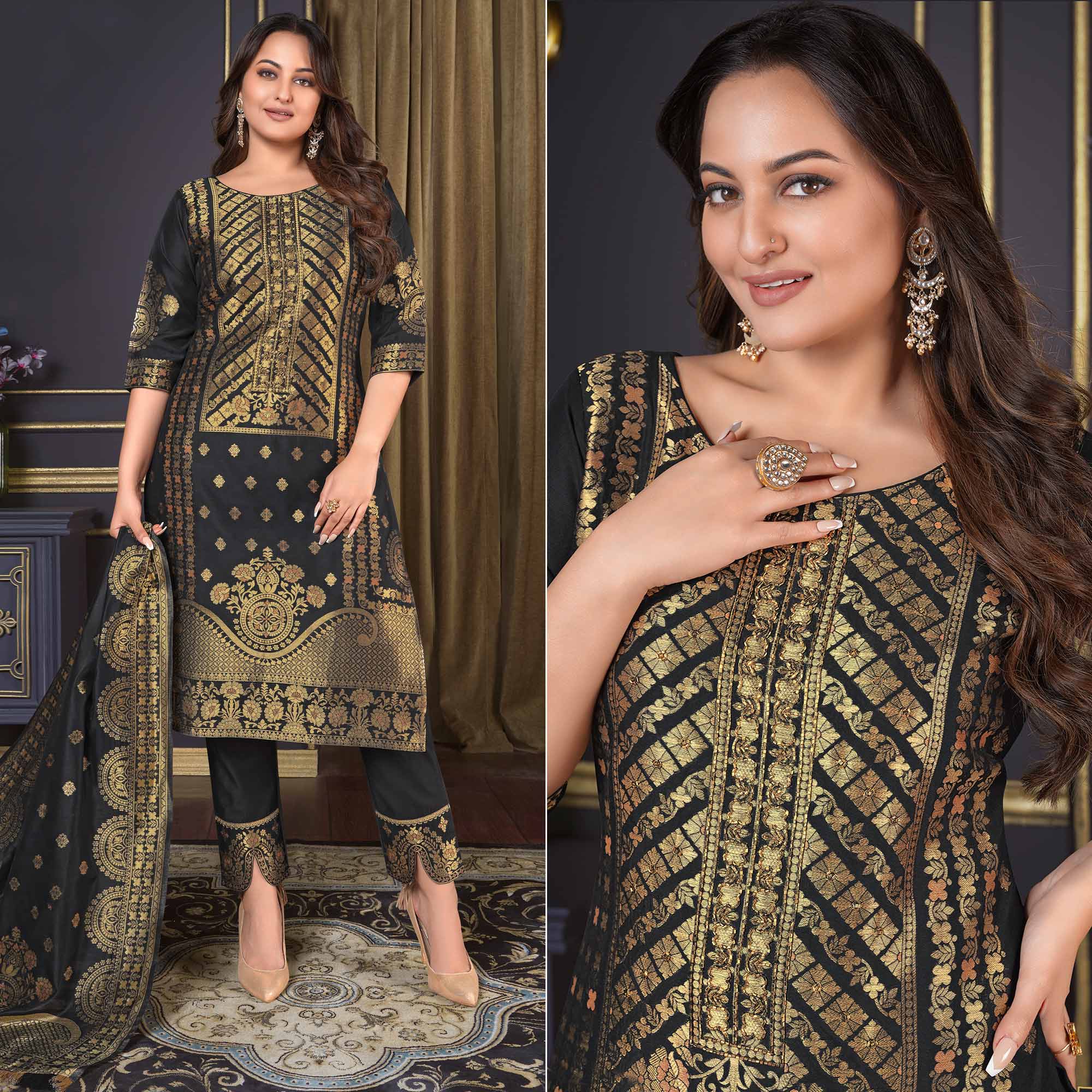 Black Woven Banarasi Silk Salwar Suit