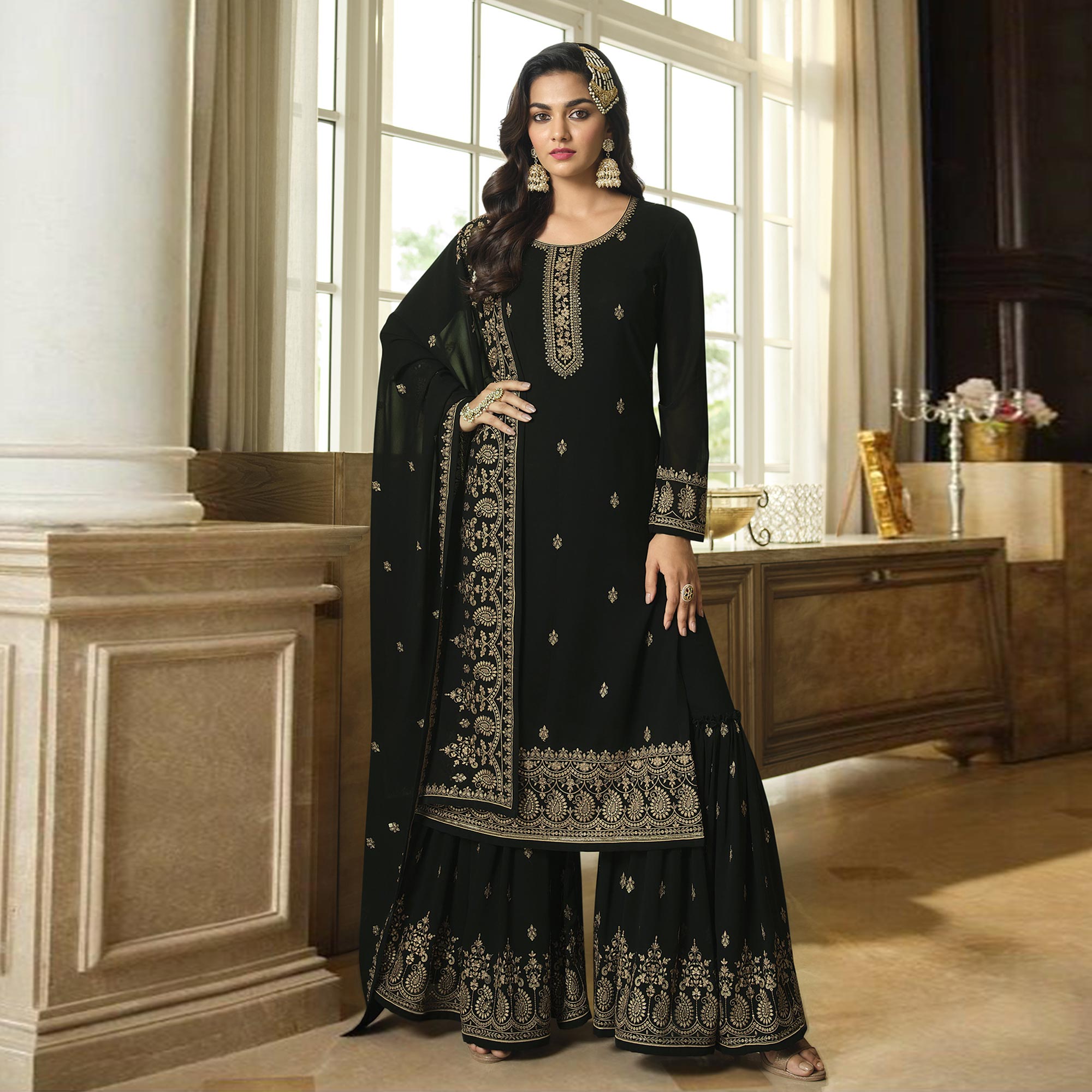 Black Floral Embroidered Georgette Sharara Suit