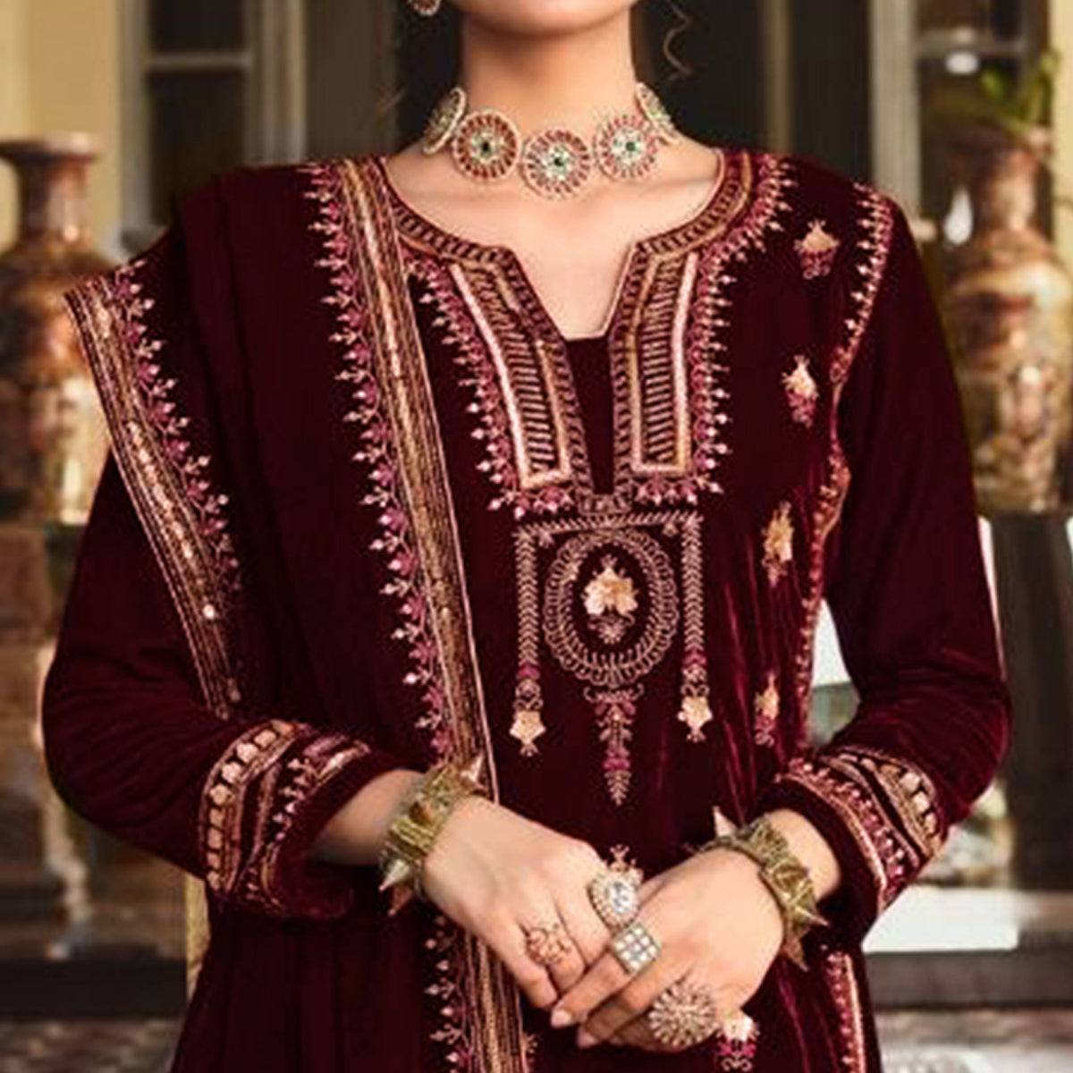 Maroon Embroidered Velvet Pakistani Suit