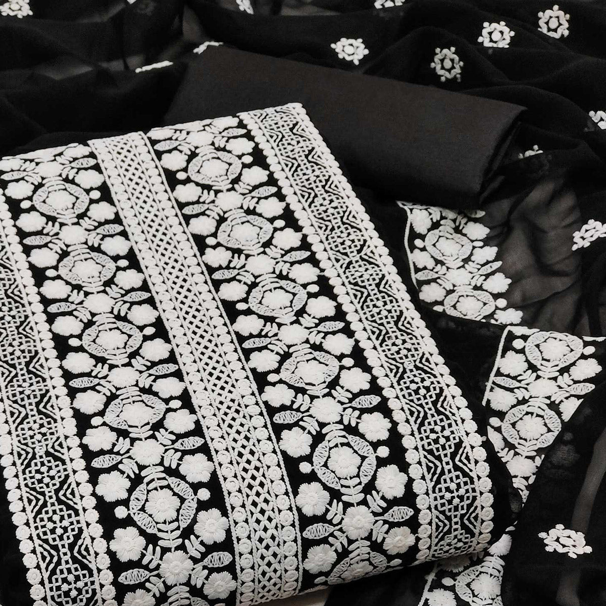 Black Lucknowi Embroidered Georgette Dress Material