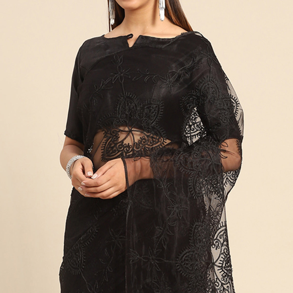 Black Floral Embroidered Net Saree