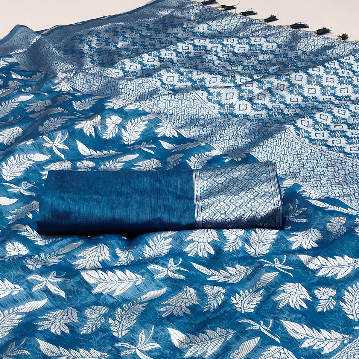 Blue Woven Cotton Silk Saree With Tassels