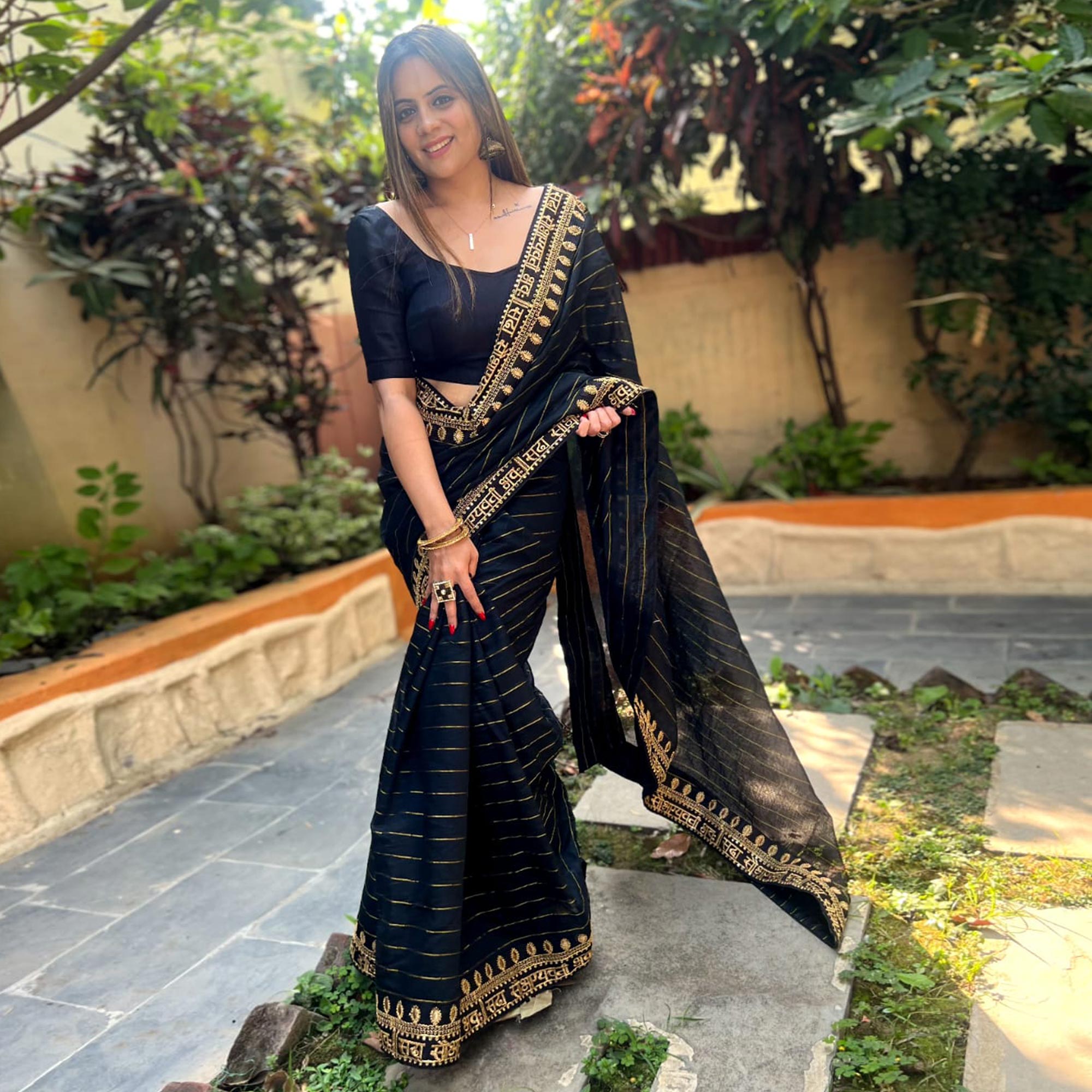Black Striped With Embroidered Border Modal Saree