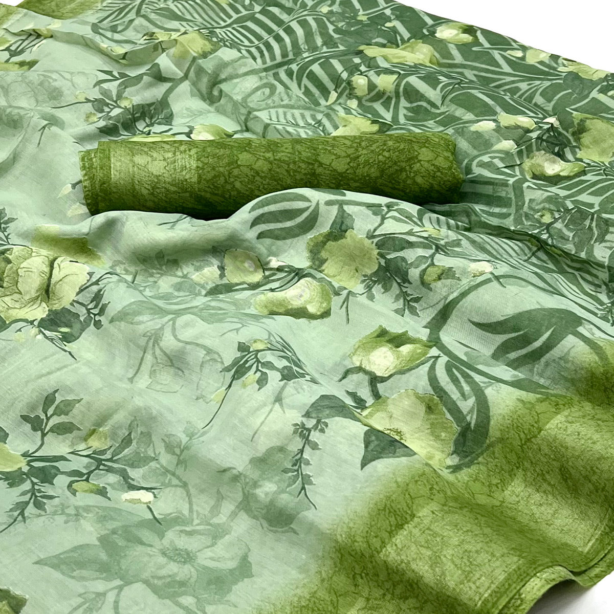 Pista Green Floral Printed Linen Saree
