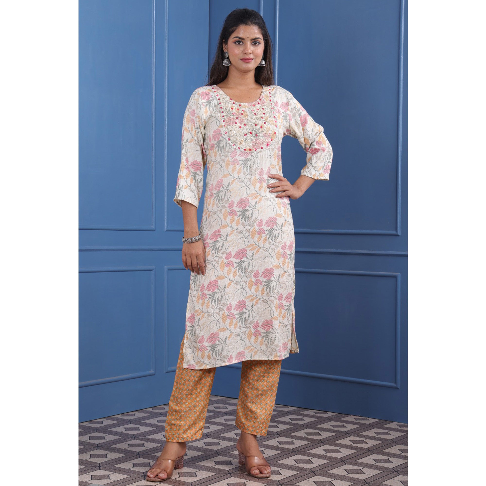 White Floral Printed With Embroidered Rayon Suit